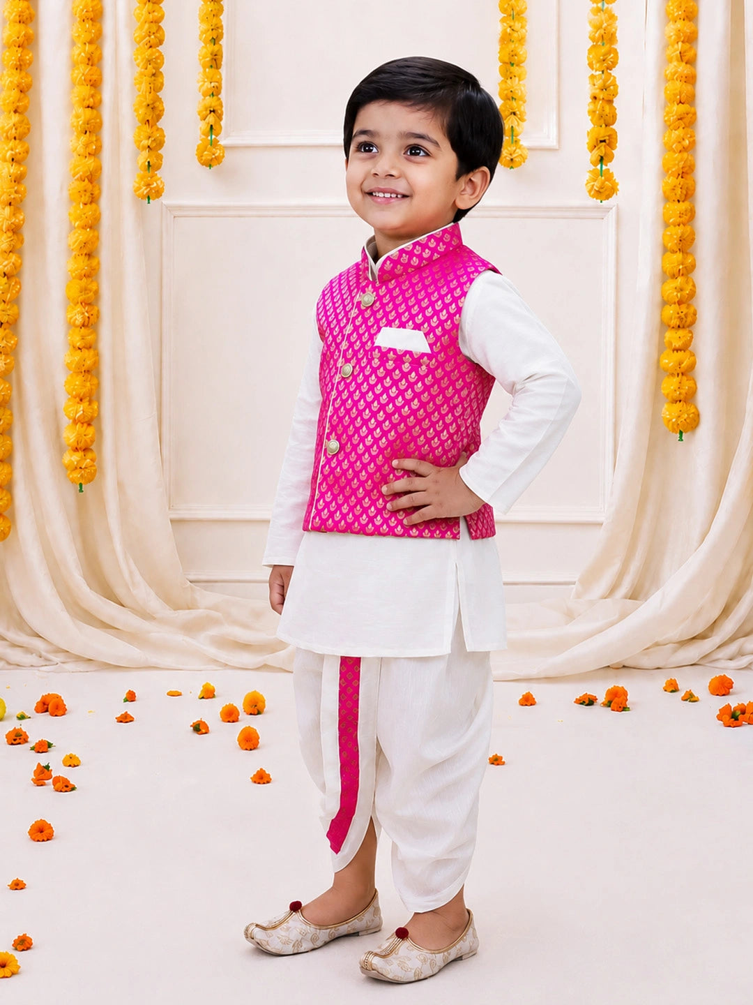 Bownbee Full Sleeve Dhoti Kurta with Jacquard Jacket Set for Boys - Pink