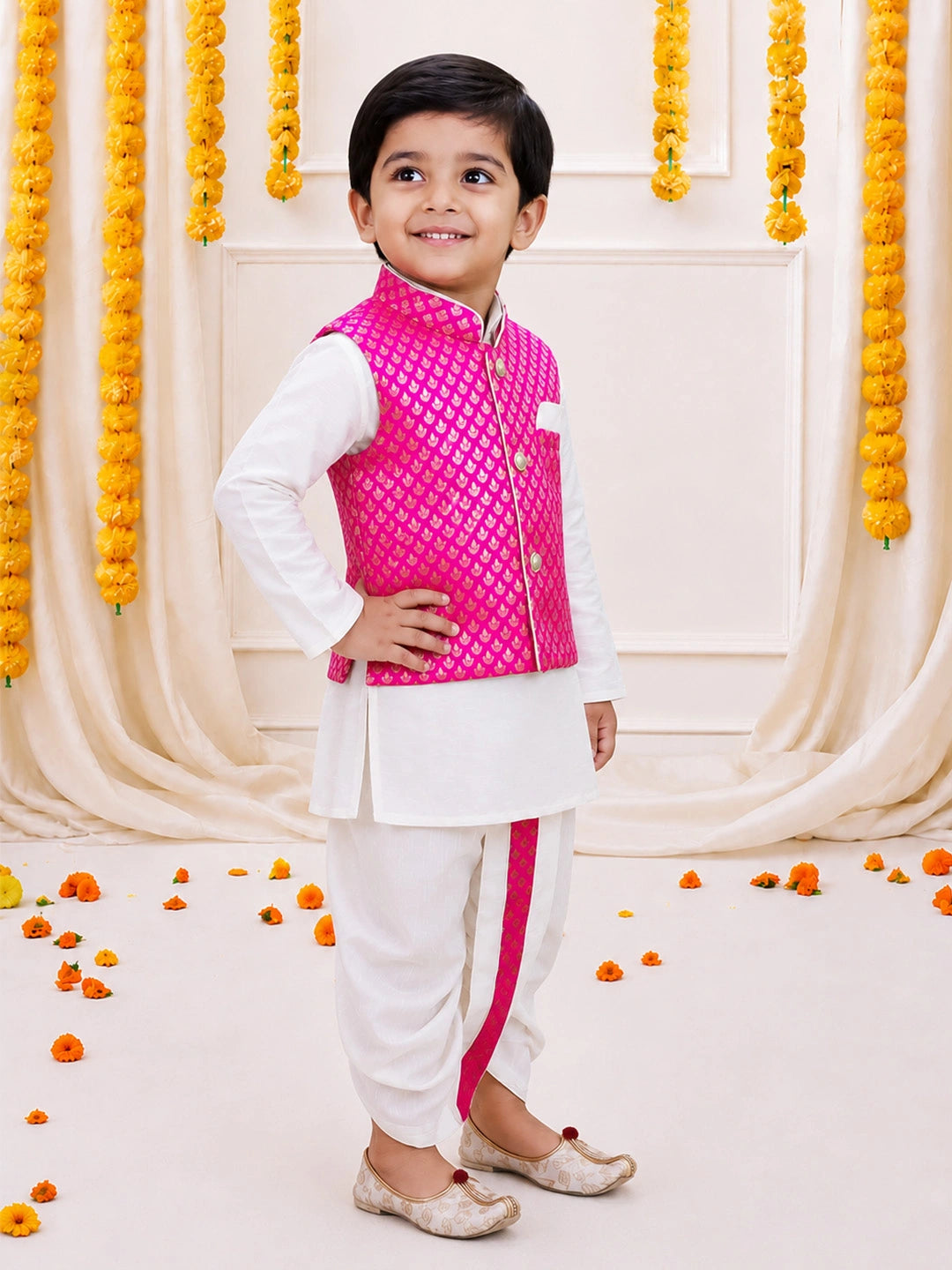 Bownbee Full Sleeve Dhoti Kurta with Jacquard Jacket Set for Boys - Pink