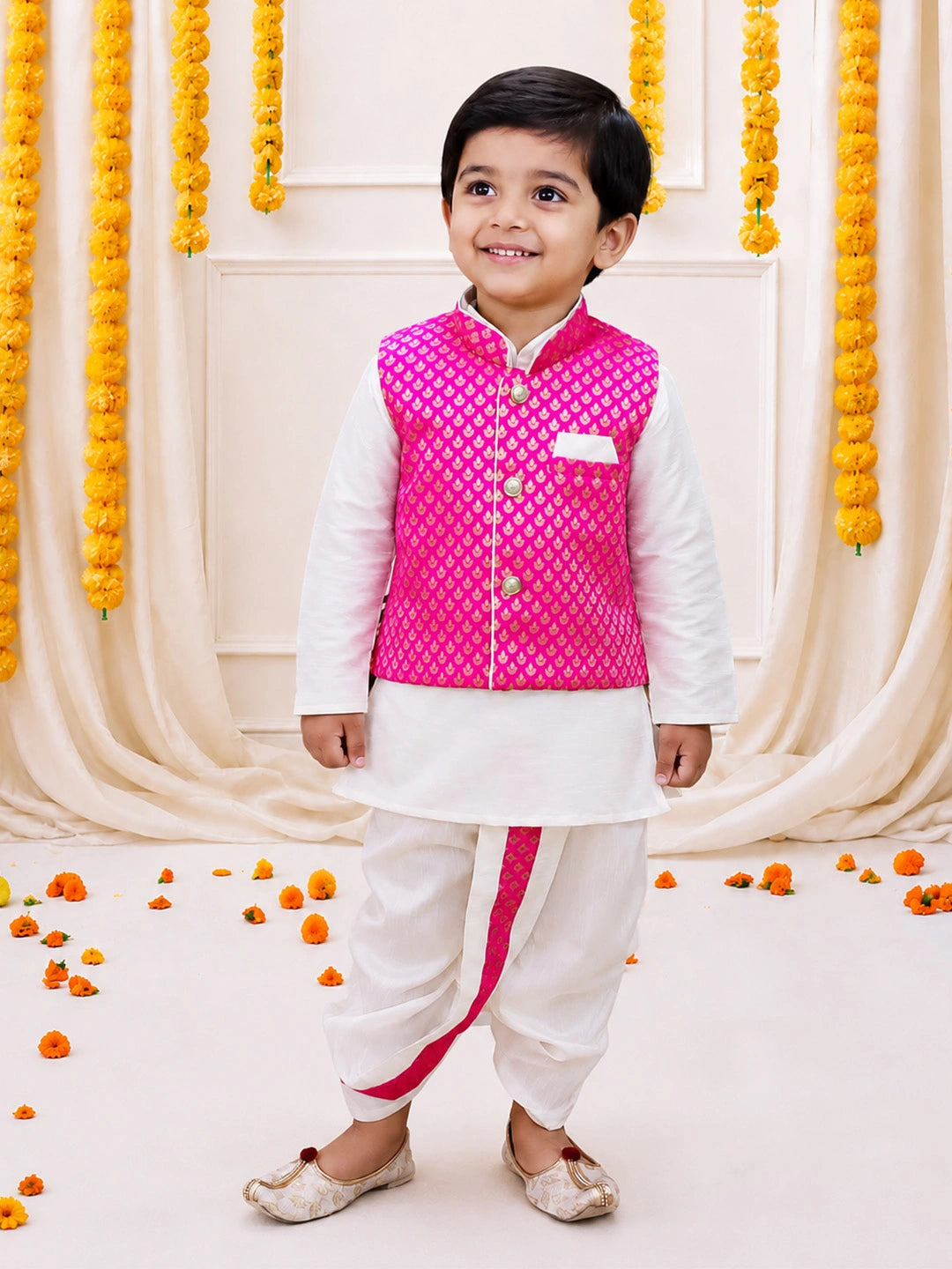 Bownbee Full Sleeve Dhoti Kurta with Jacquard Jacket Set for Boys - Pink