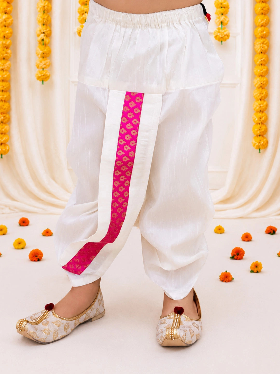 Bownbee Full Sleeve Dhoti Kurta with Jacquard Jacket Set for Boys - Pink