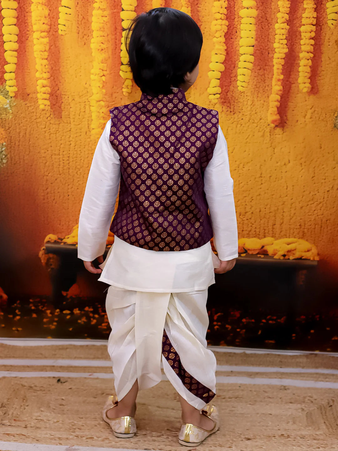 BownBee Full Sleeve Dhoti Kurta with Jacquard Jacket Set for Boys