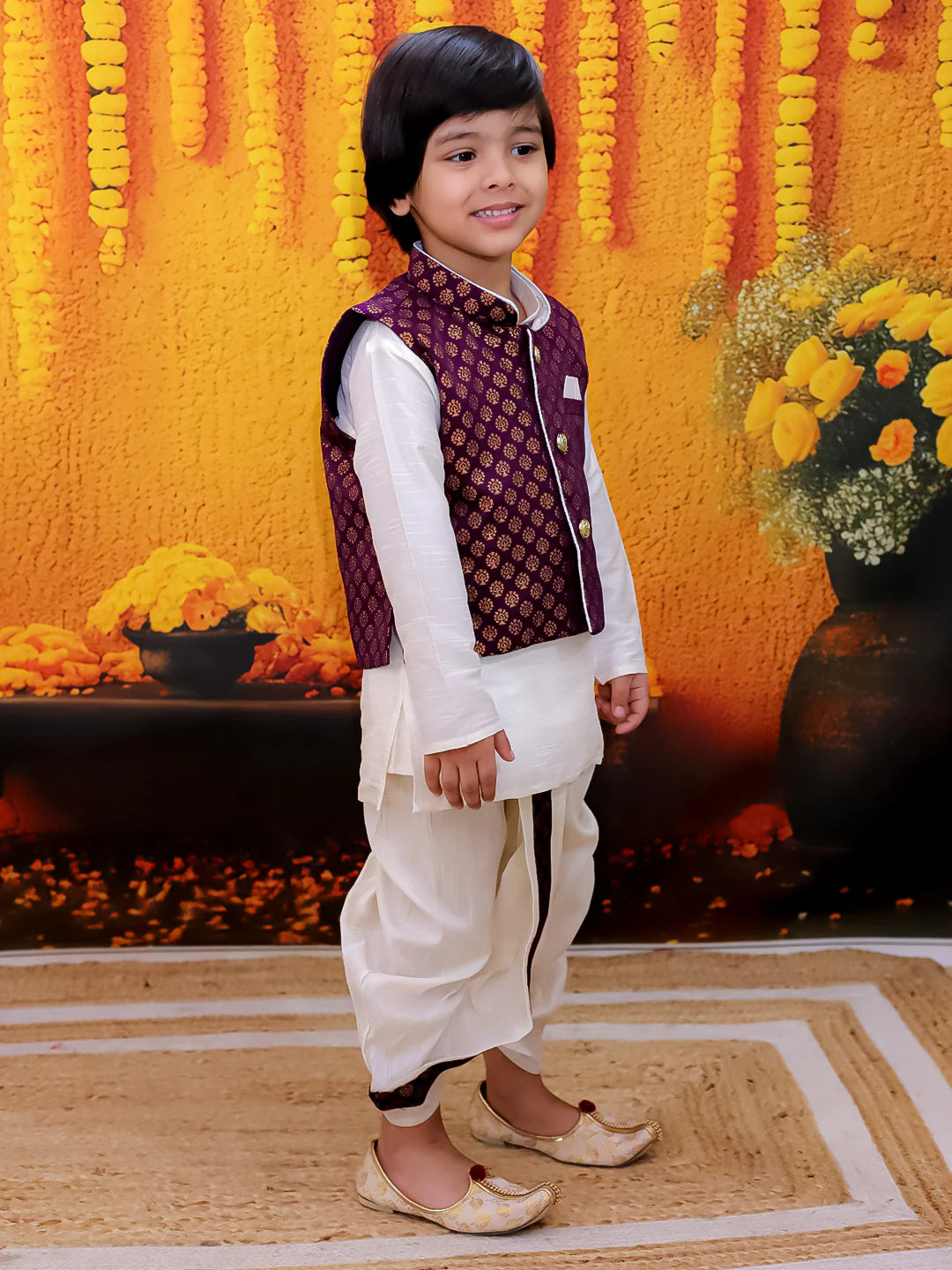 BownBee Full Sleeve Dhoti Kurta with Jacquard Jacket Set for Boys