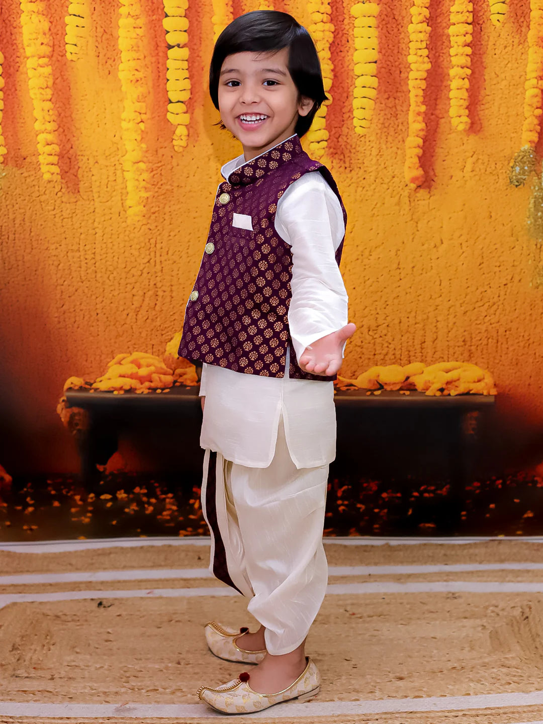 BownBee Full Sleeve Dhoti Kurta with Jacquard Jacket Set for Boys