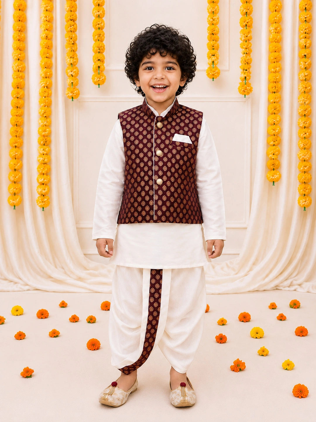 Bownbee Full Sleeve Dhoti Kurta with Jacquard Jacket Set for Boys - Purple