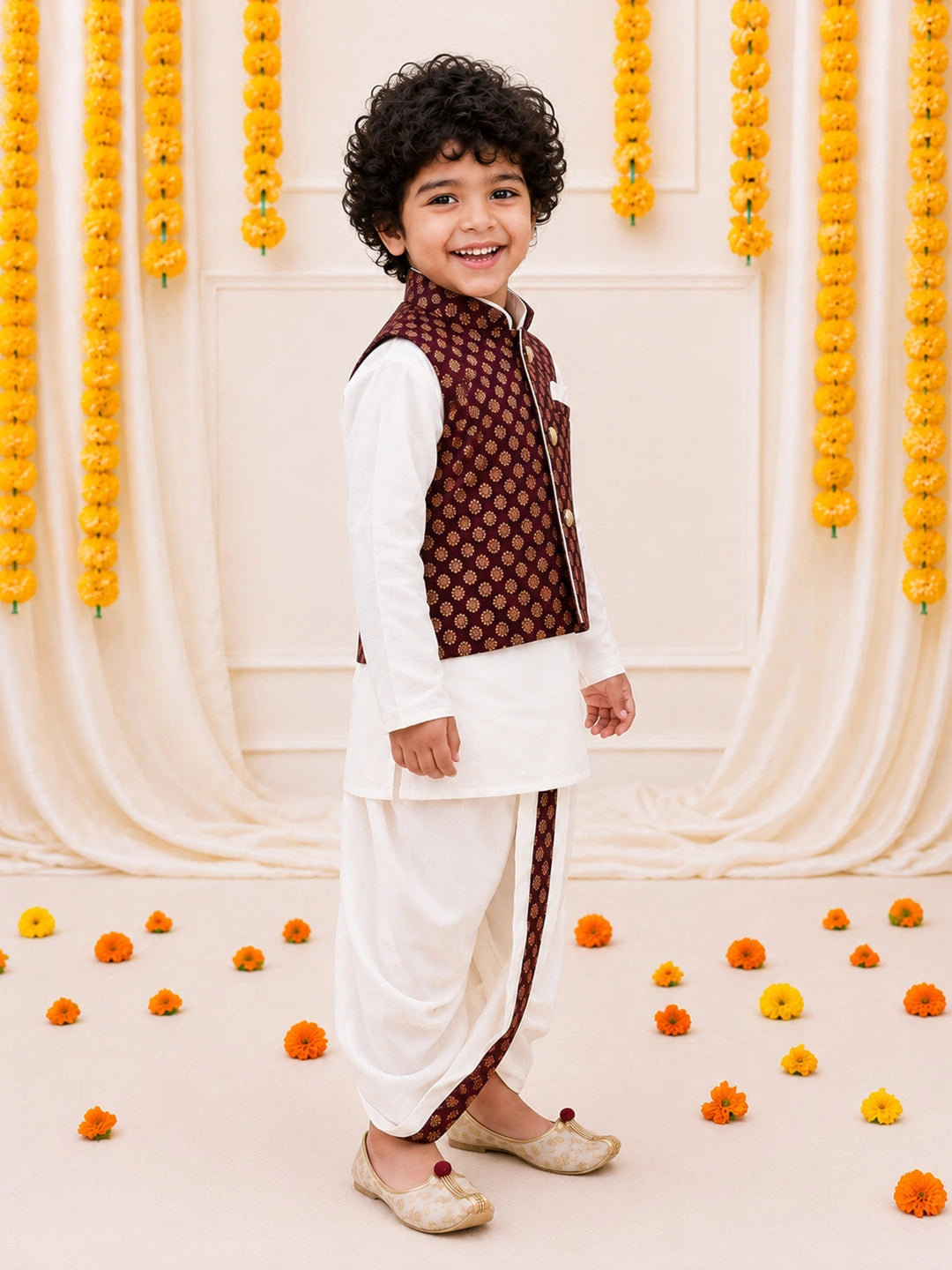 Bownbee Full Sleeve Dhoti Kurta with Jacquard Jacket Set for Boys - Purple