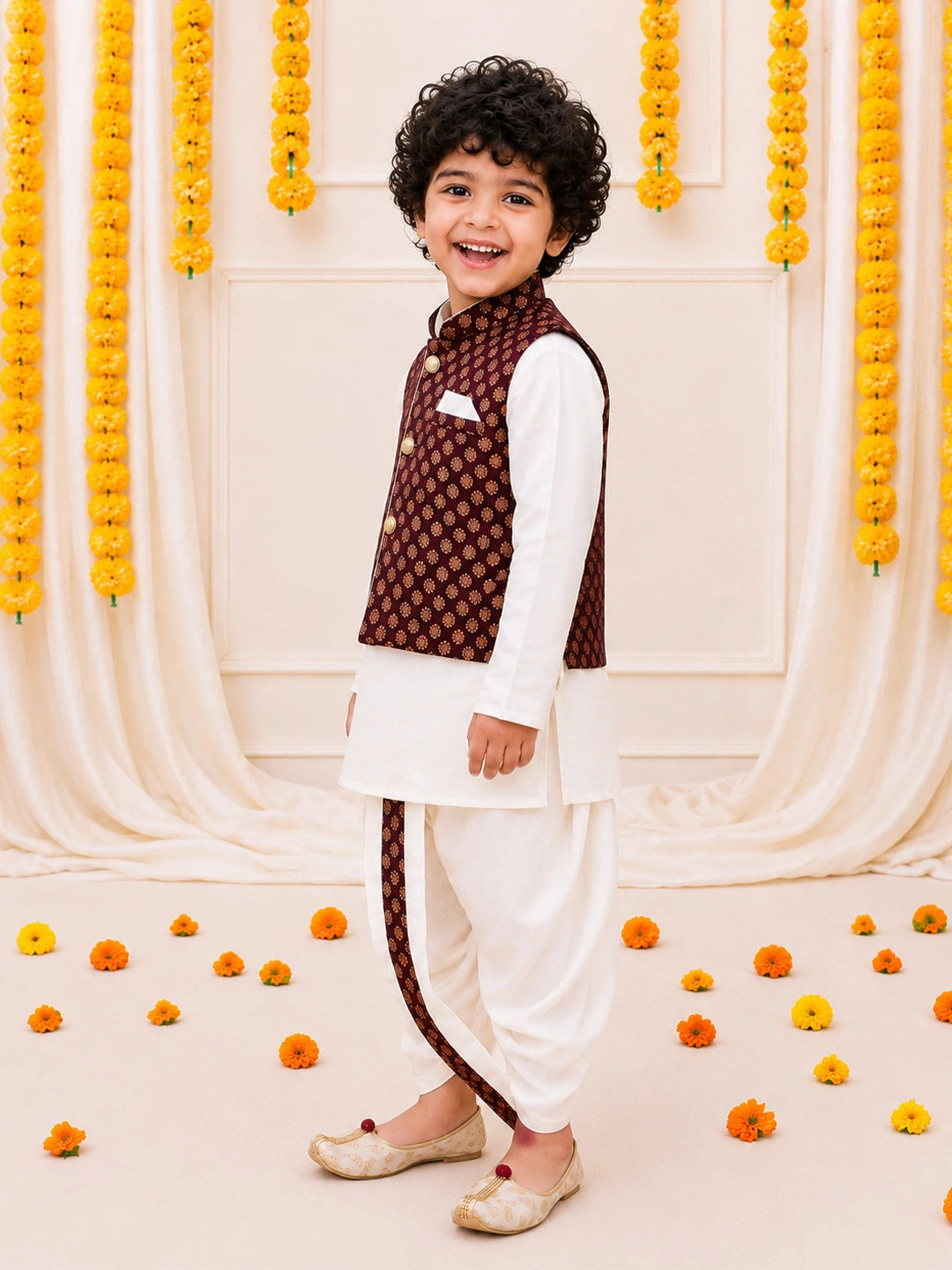 Bownbee Full Sleeve Dhoti Kurta with Jacquard Jacket Set for Boys - Purple