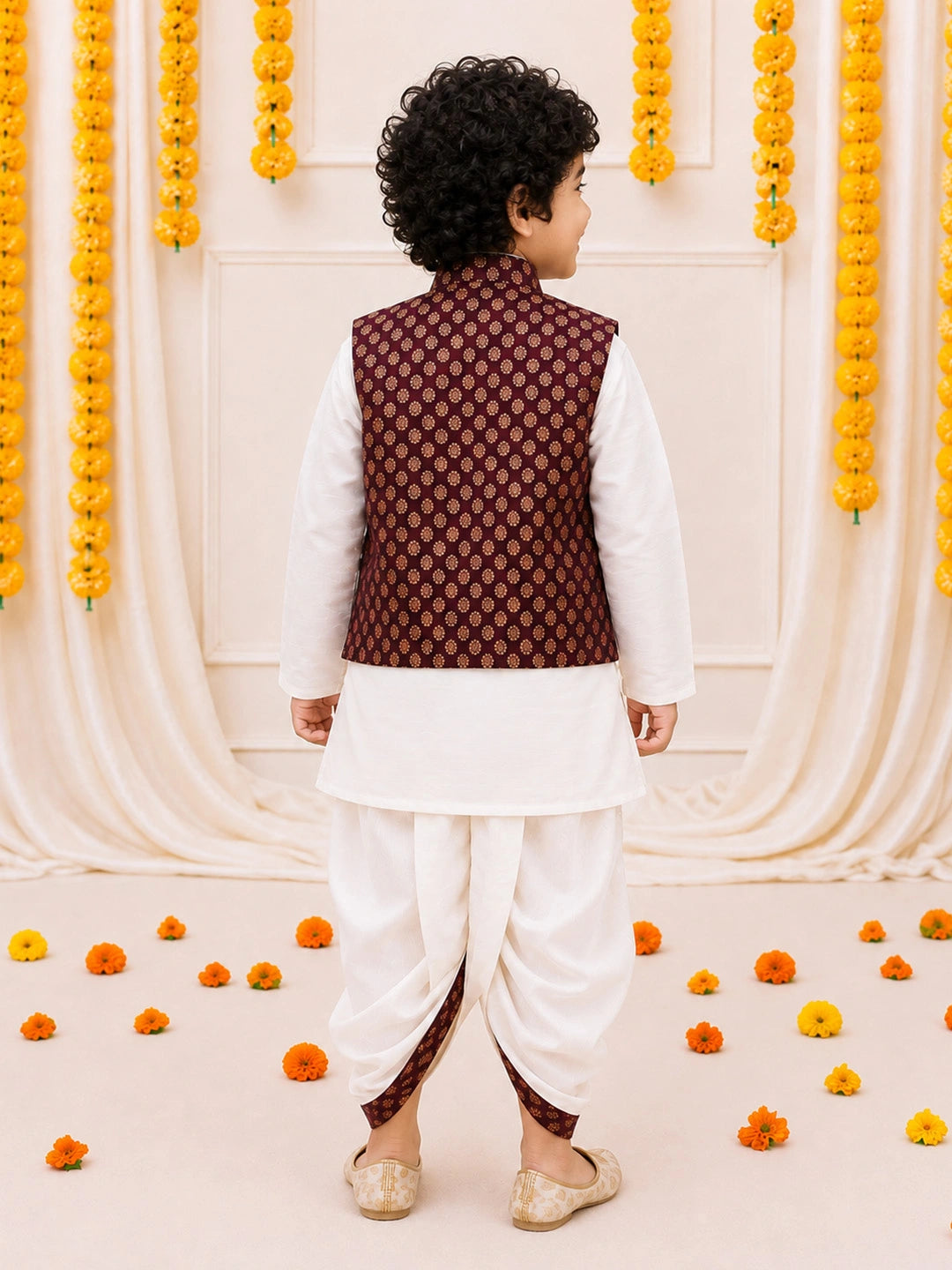 Bownbee Full Sleeve Dhoti Kurta with Jacquard Jacket Set for Boys - Purple