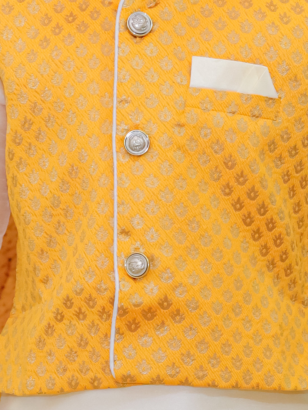 BownBee Full Sleeve Dhoti Kurta with Jacquard Jacket Set for Boys- Yellow