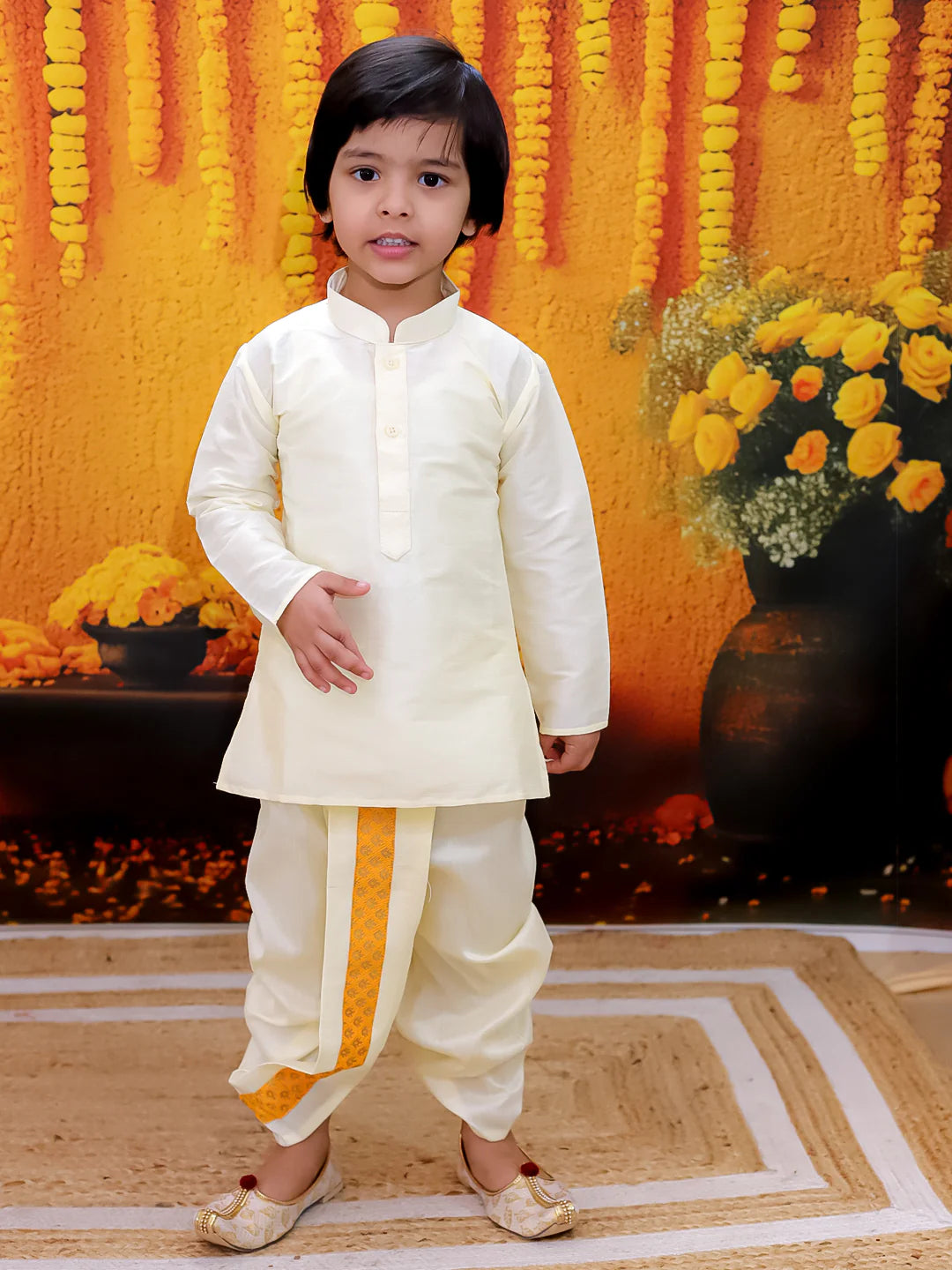 BownBee Full Sleeve Dhoti Kurta with Jacquard Jacket Set for Boys
