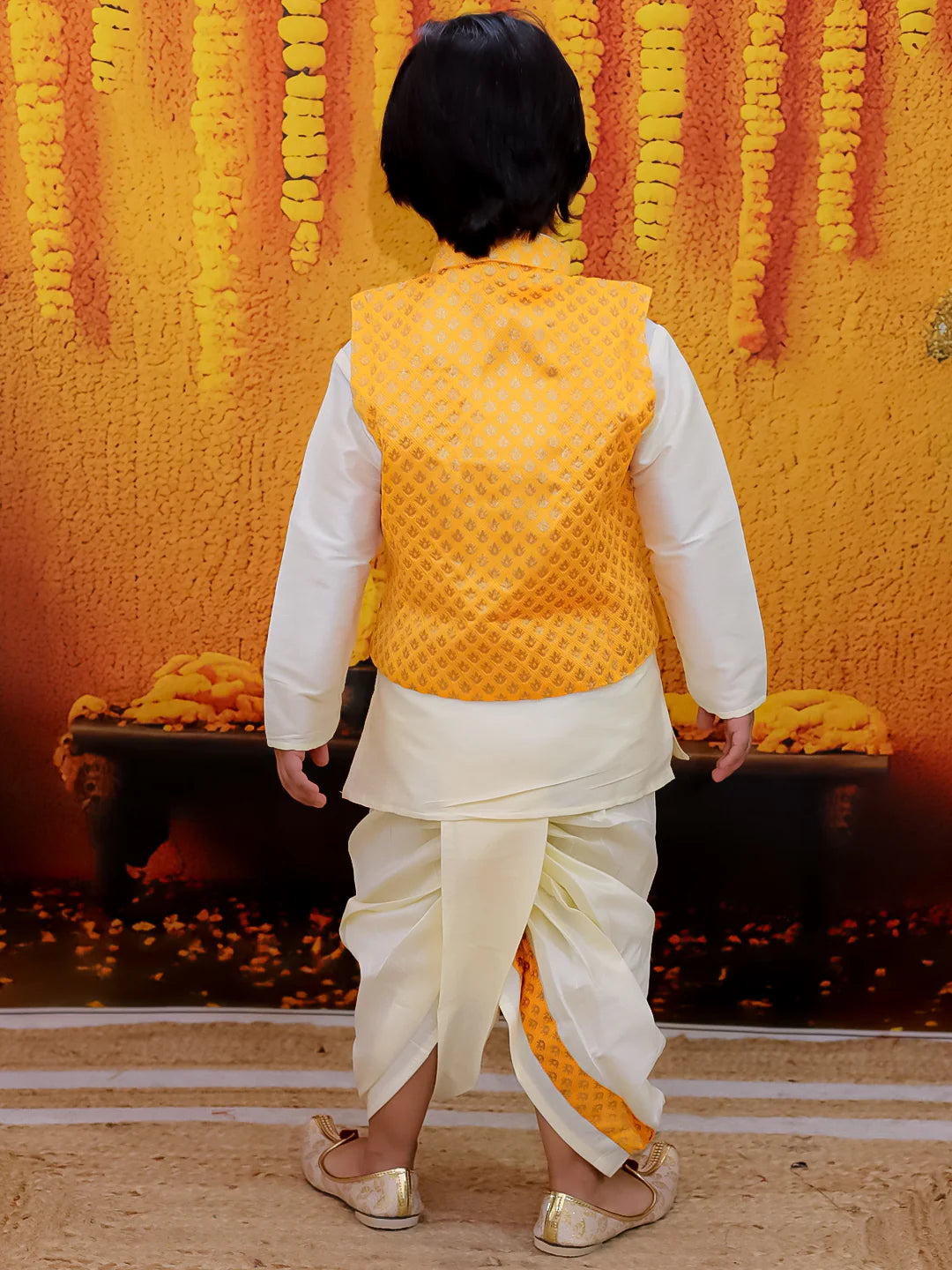 BownBee Full Sleeve Dhoti Kurta with Jacquard Jacket Set for Boys