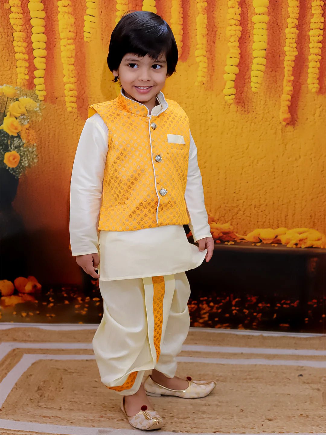 BownBee Full Sleeve Dhoti Kurta with Jacquard Jacket Set for Boys