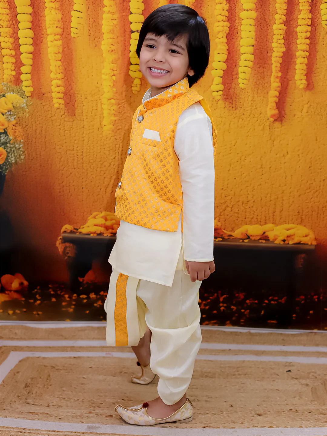 BownBee Full Sleeve Dhoti Kurta with Jacquard Jacket Set for Boys