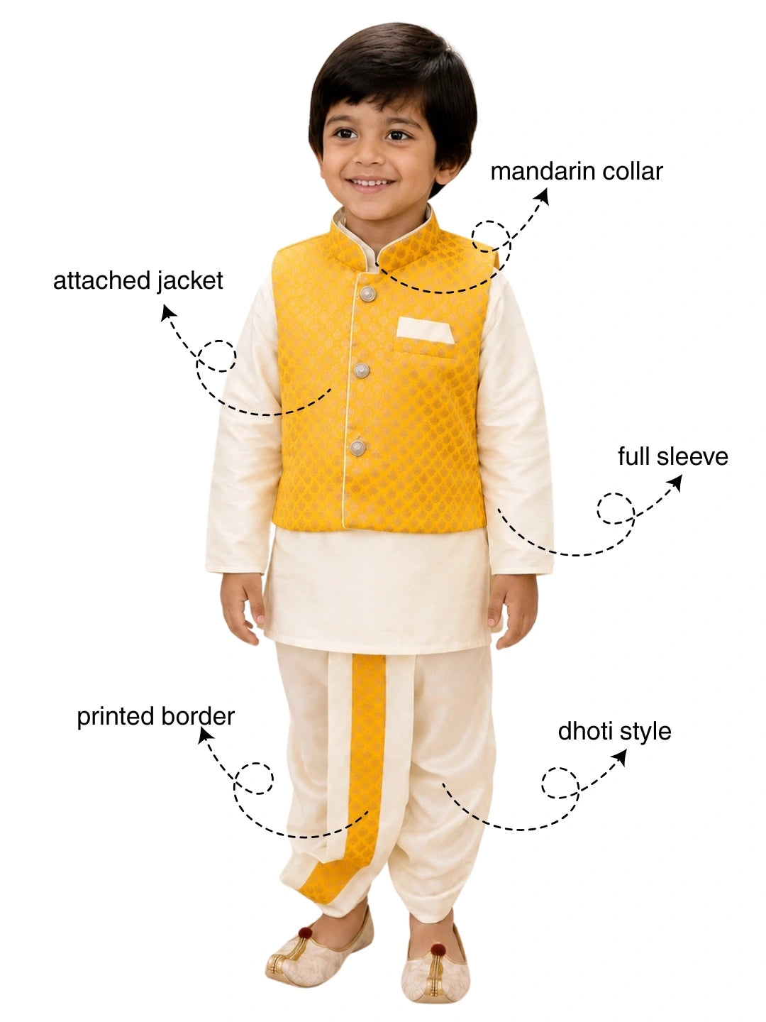 Bownbee Full Sleeve Dhoti Kurta with Jacquard Jacket Set for Boys