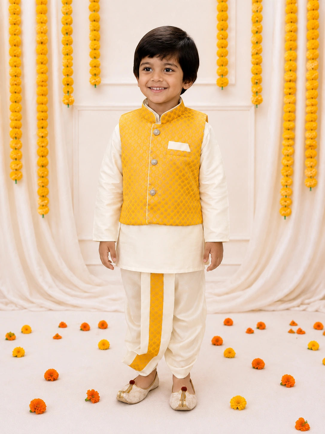 Bownbee Full Sleeve Dhoti Kurta with Jacquard Jacket Set for Boys