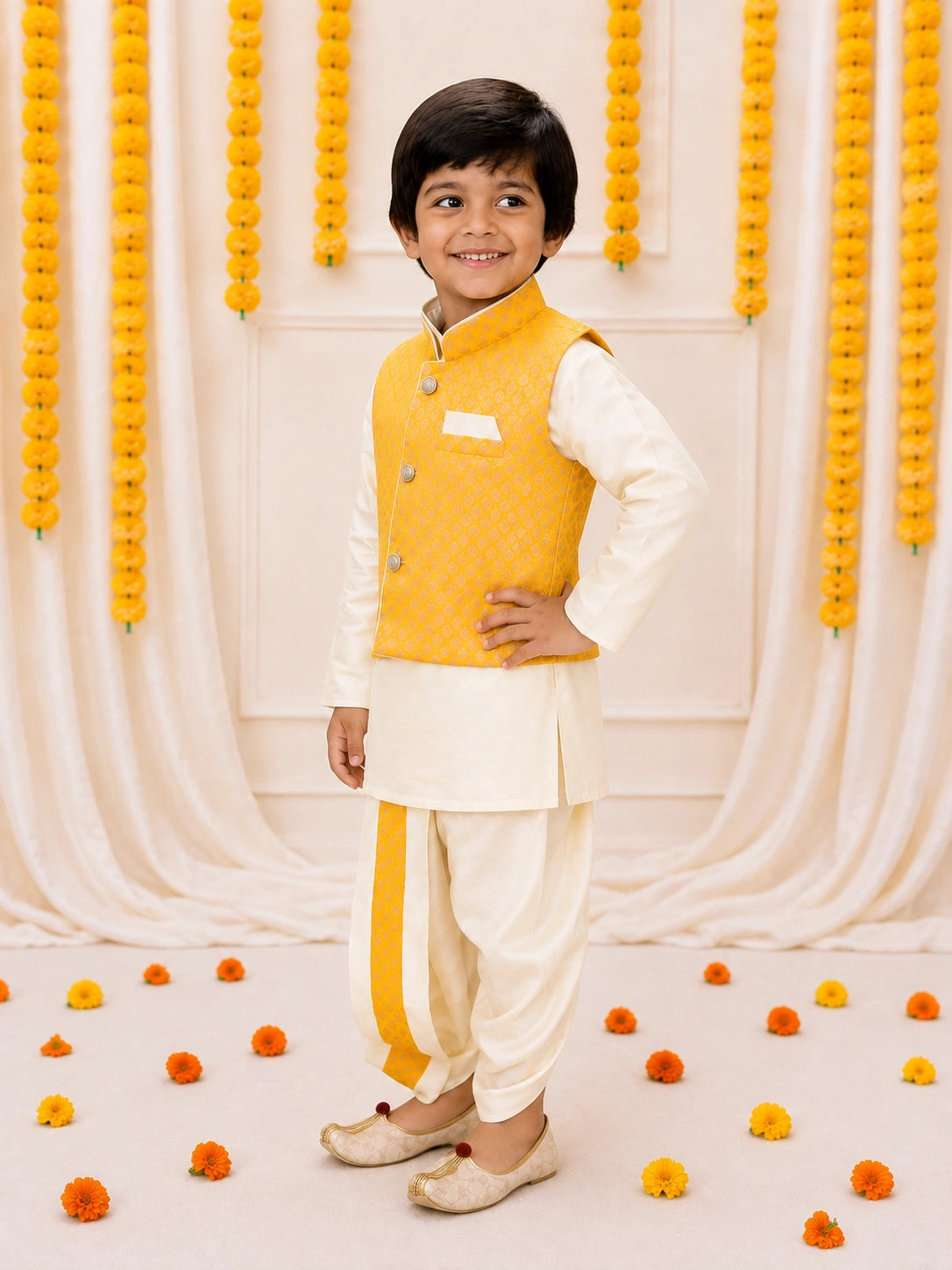 Bownbee Full Sleeve Dhoti Kurta with Jacquard Jacket Set for Boys