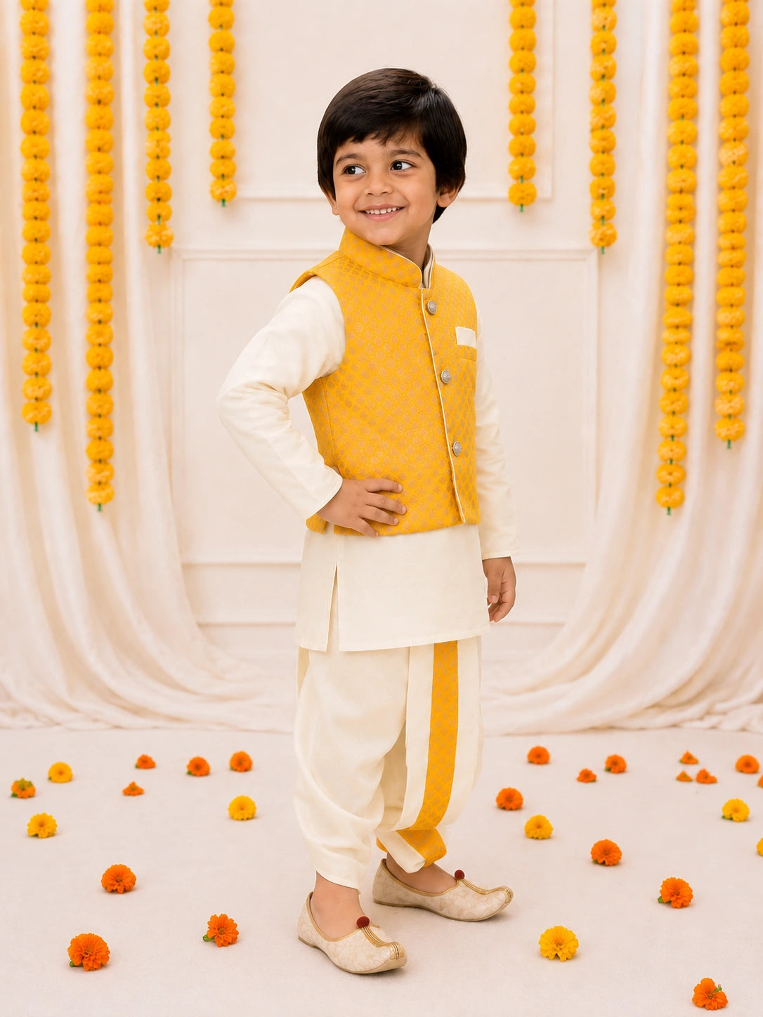 Bownbee Full Sleeve Dhoti Kurta with Jacquard Jacket Set for Boys