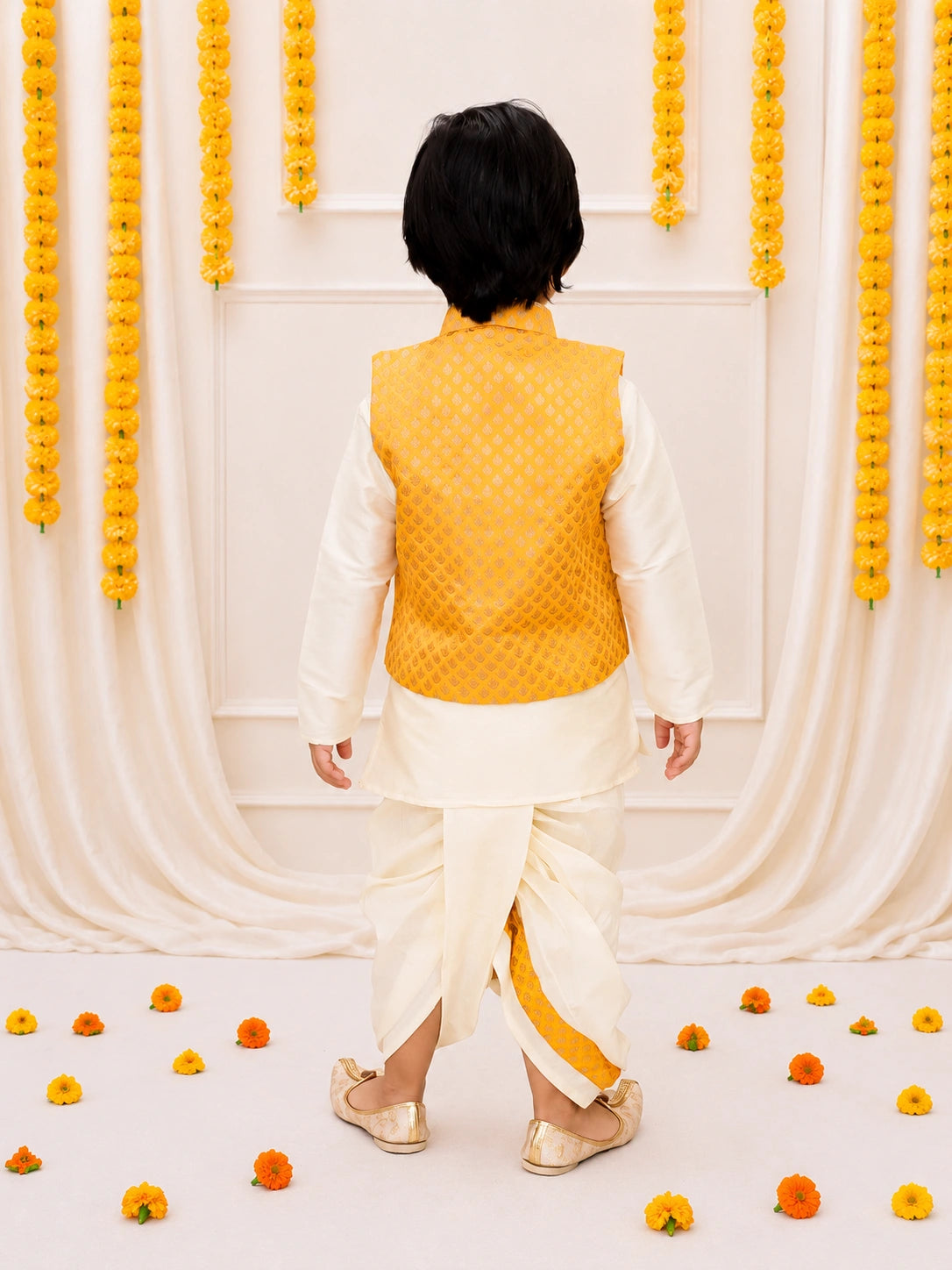 Bownbee Full Sleeve Dhoti Kurta with Jacquard Jacket Set for Boys