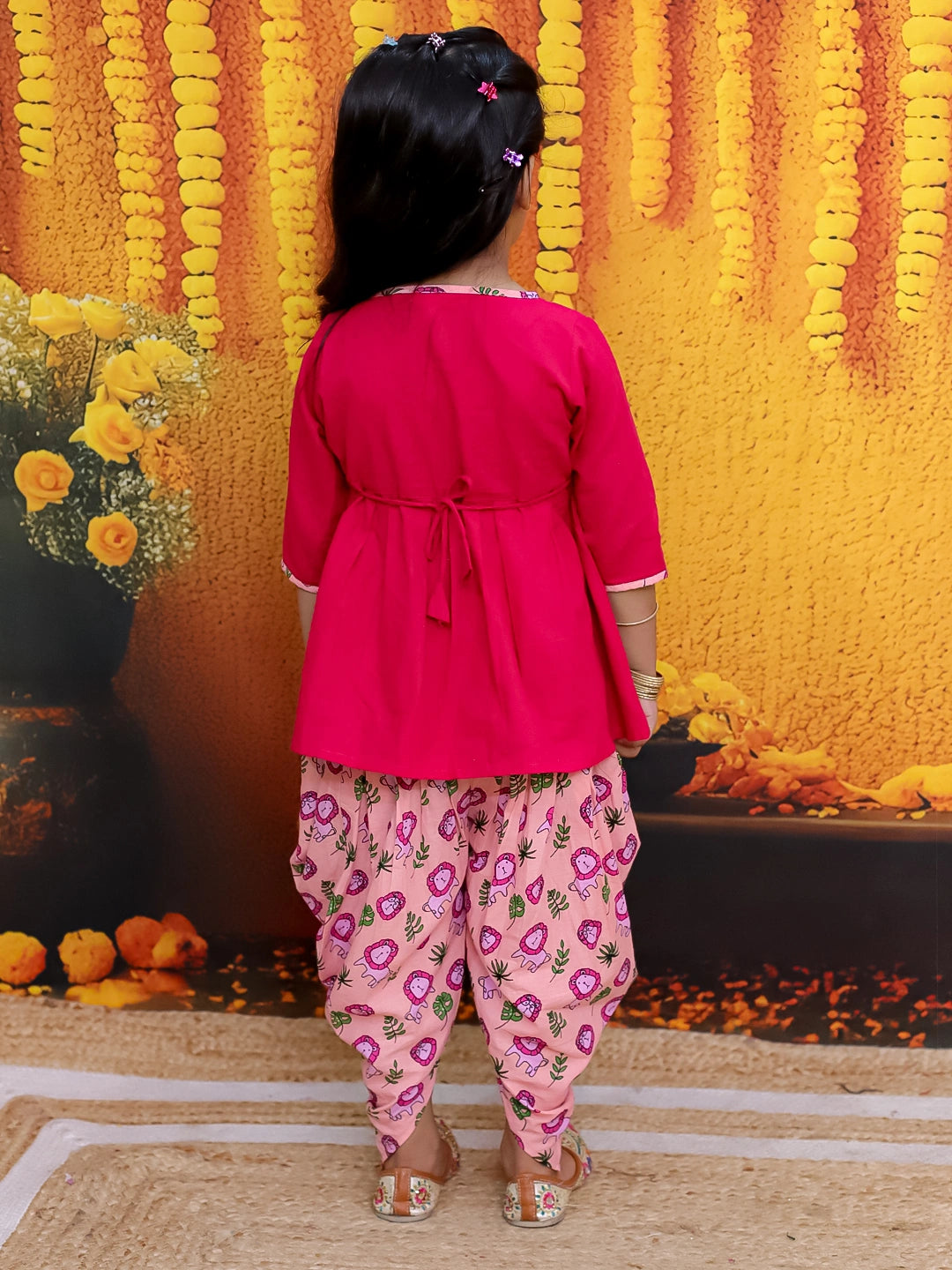 BownBee Pure Cotton Embroidered Top with Printed Dhoti For Girls