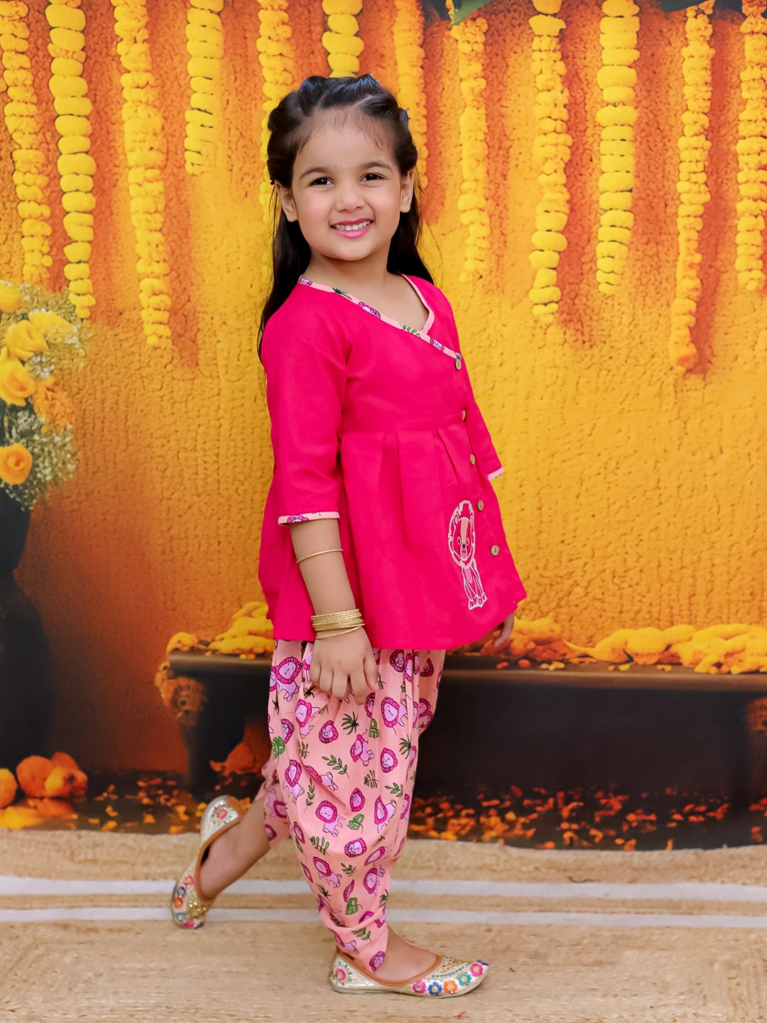 BownBee Pure Cotton Embroidered Top with Printed Dhoti For Girls