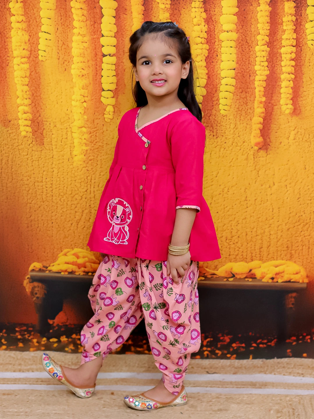 BownBee Pure Cotton Embroidered Top with Printed Dhoti For Girls