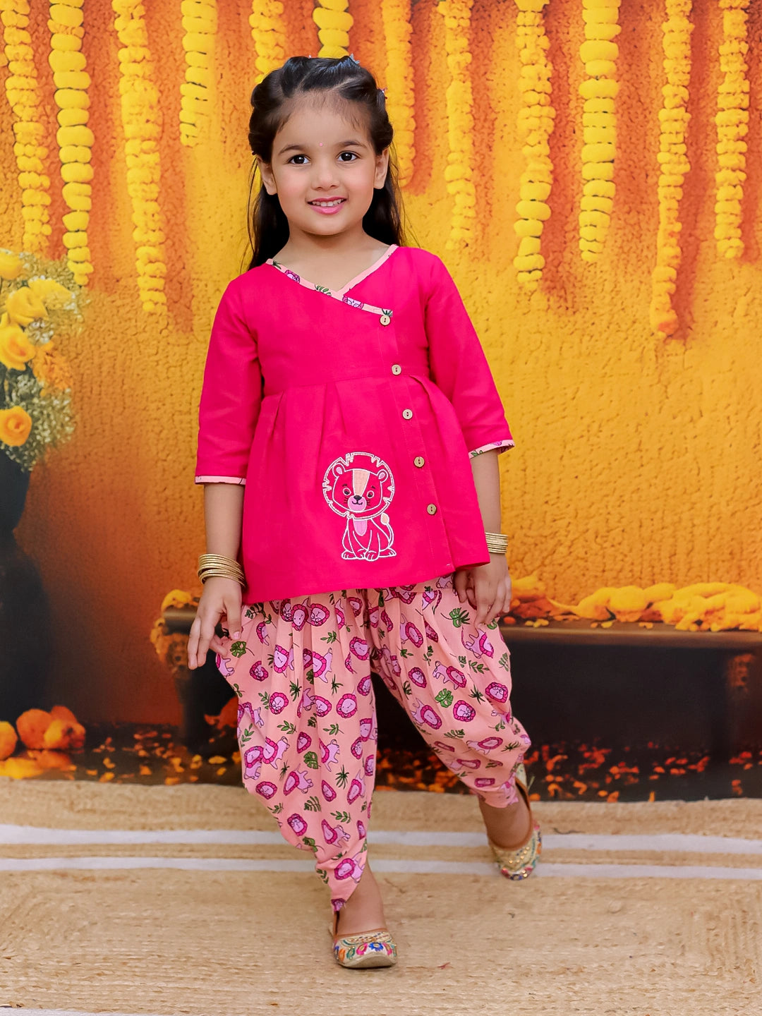 BownBee Pure Cotton Embroidered Top with Printed Dhoti For Girls