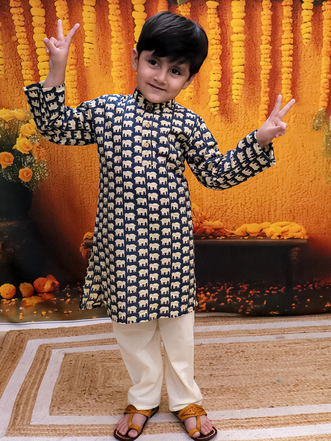 BownBee Pure Cotton Hathi Print Kurta Pajama for Boys