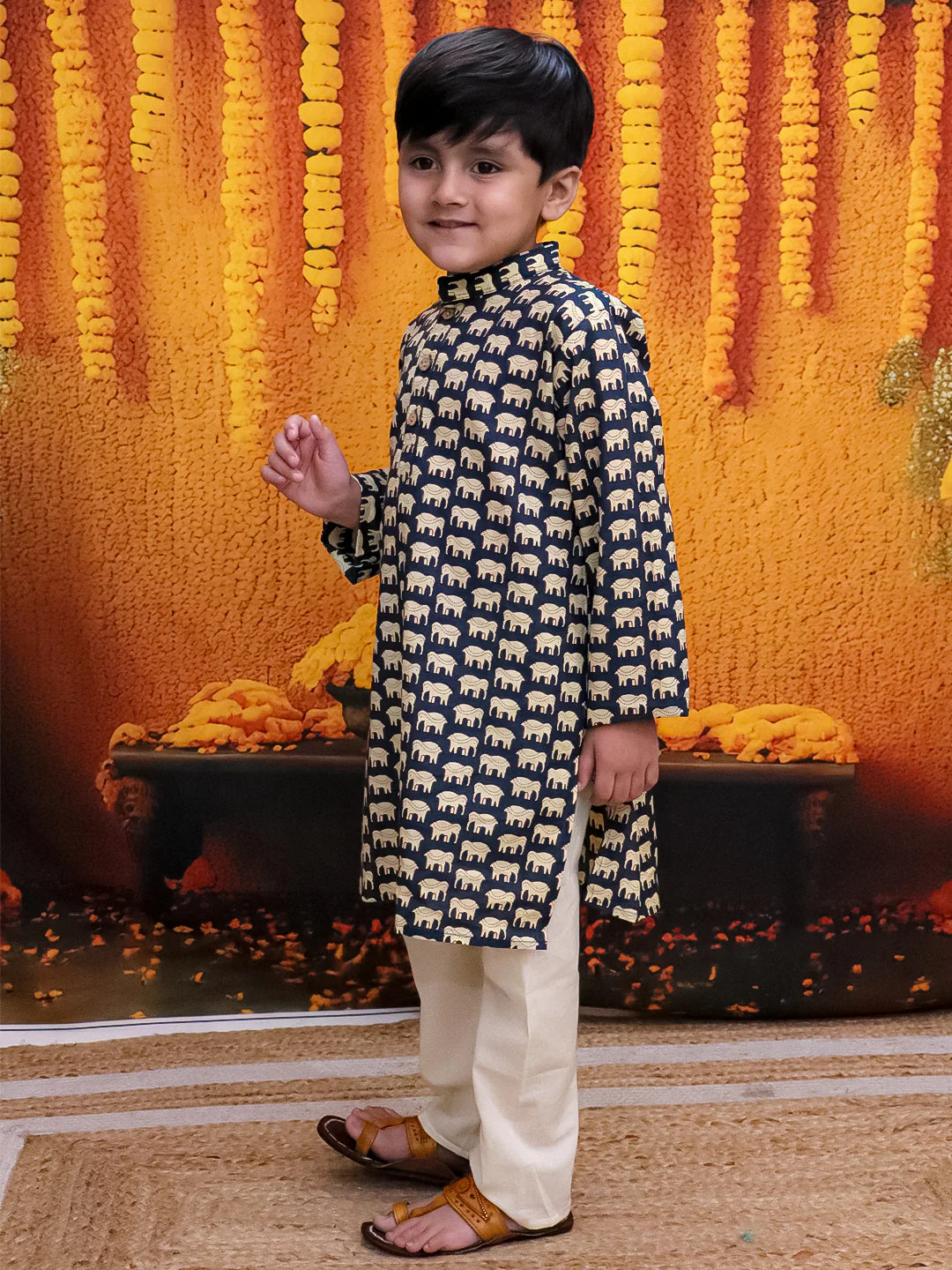 BownBee Pure Cotton Hathi Print Kurta Pajama for Boys