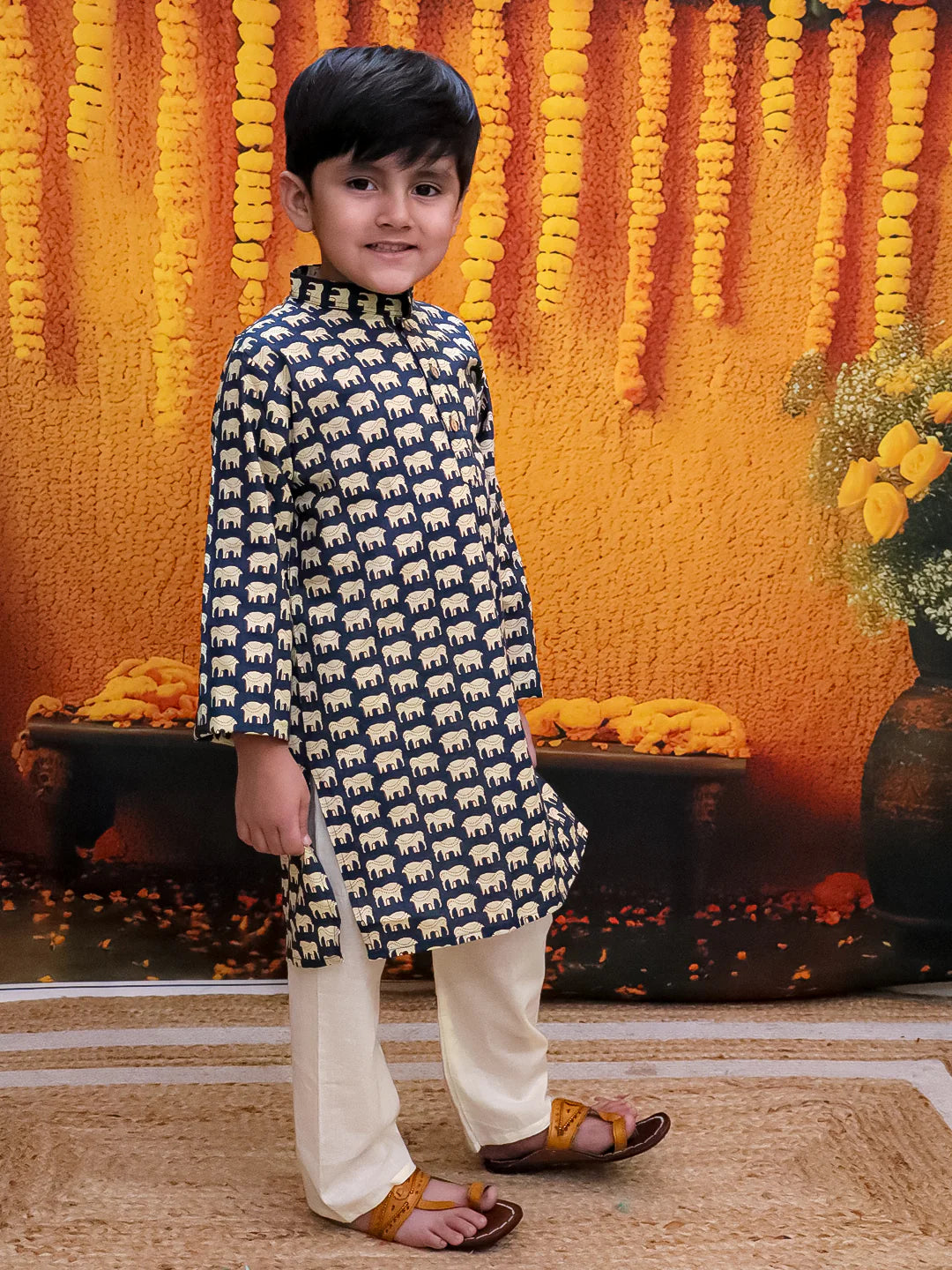 BownBee Pure Cotton Hathi Print Kurta Pajama for Boys