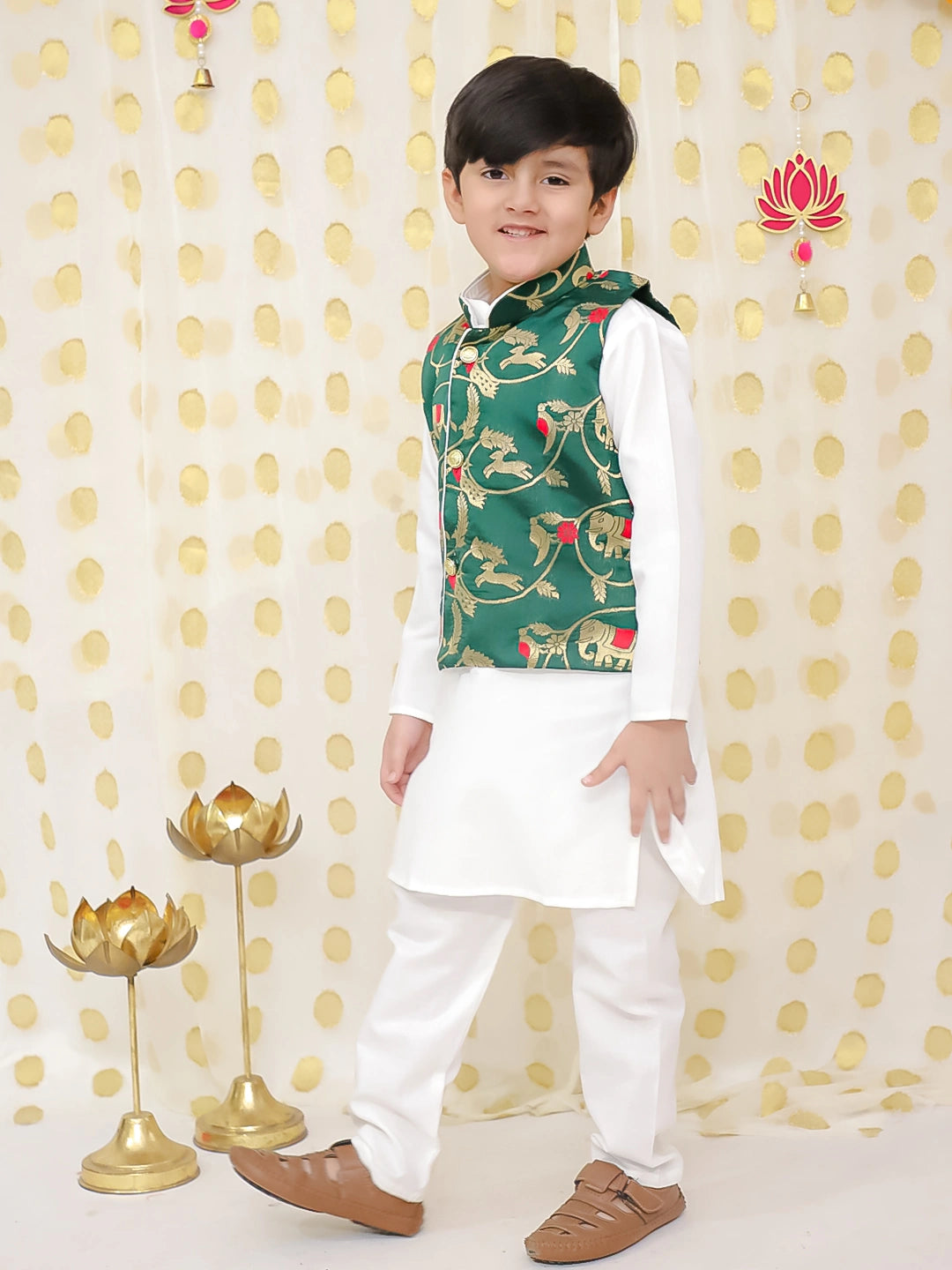 BownBee Pure Cotton Kurta Pajama with Jacquard Jacket Set for Boys