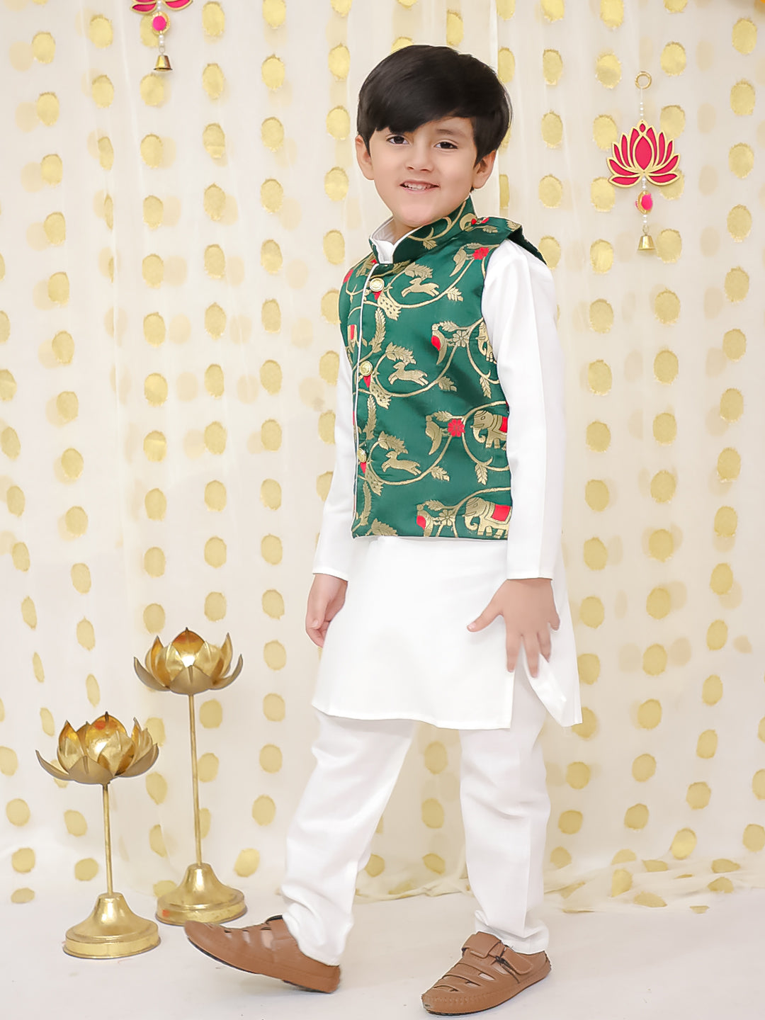 BownBee Pure Cotton Kurta Pajama with Jacquard Jacket Set for Boys- Green