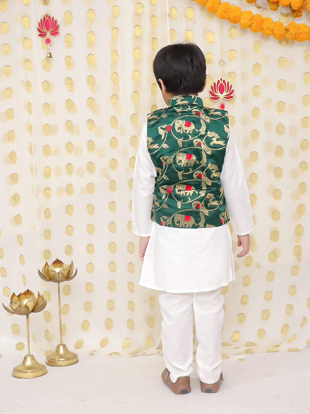 BownBee Pure Cotton Kurta Pajama with Jacquard Jacket Set for Boys- Green