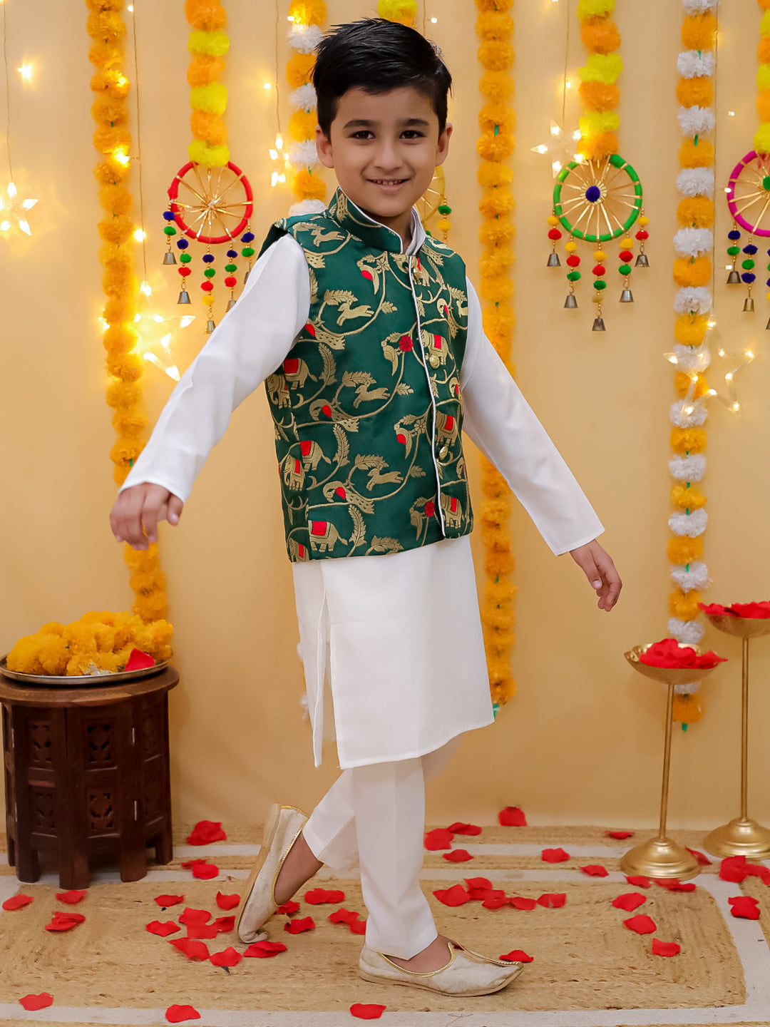BownBee Pure Cotton Kurta Pajama with Jacquard Jacket Set for Boys- Green