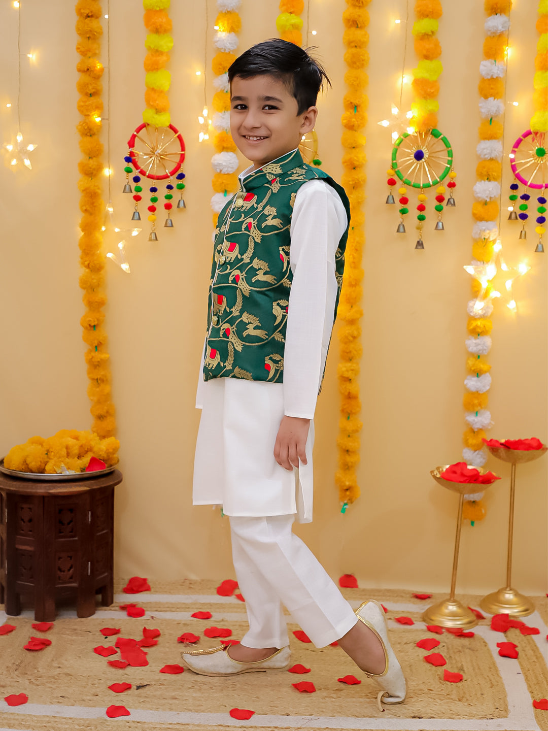 BownBee Pure Cotton Kurta Pajama with Jacquard Jacket Set for Boys- Green