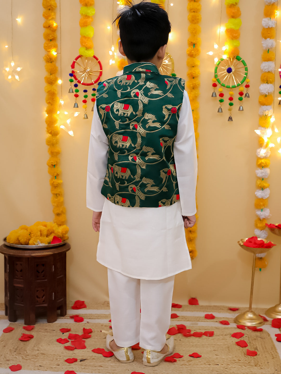 BownBee Pure Cotton Kurta Pajama with Jacquard Jacket Set for Boys- Green