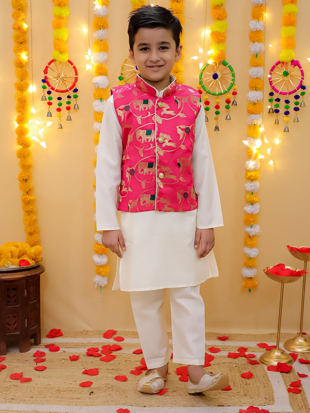 BownBee Jacquard Jacket Cotton Kurta Pajama Set for Boys with Jacquard Lehenga Choli Dupatta Set for Girl- Pink