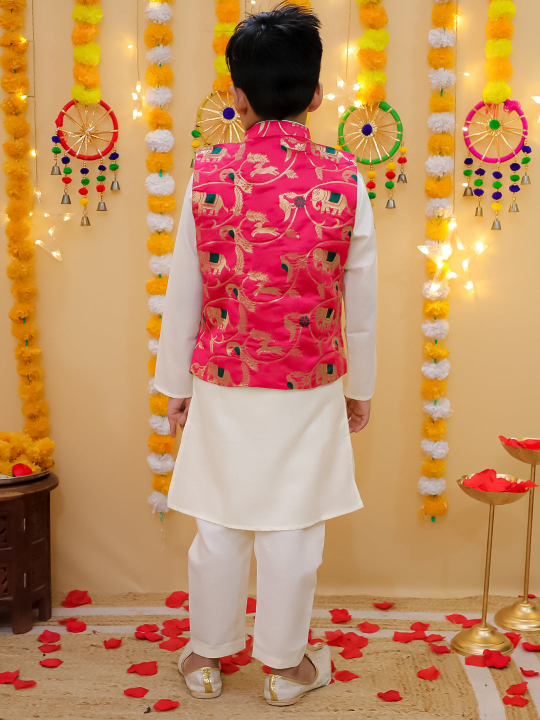 BownBee Jacquard Jacket Cotton Kurta Pajama Set for Boys with Jacquard Lehenga Choli Dupatta Set for Girl- Pink