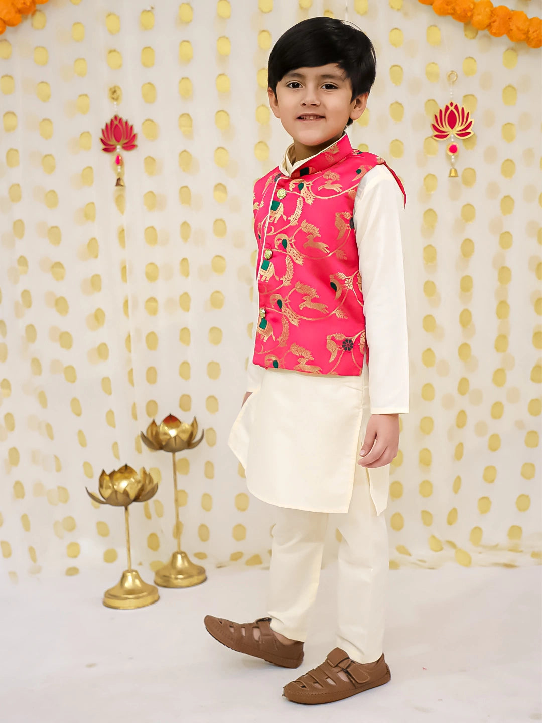BownBee Pure Cotton Kurta Pajama with Jacquard Jacket Set for Boys