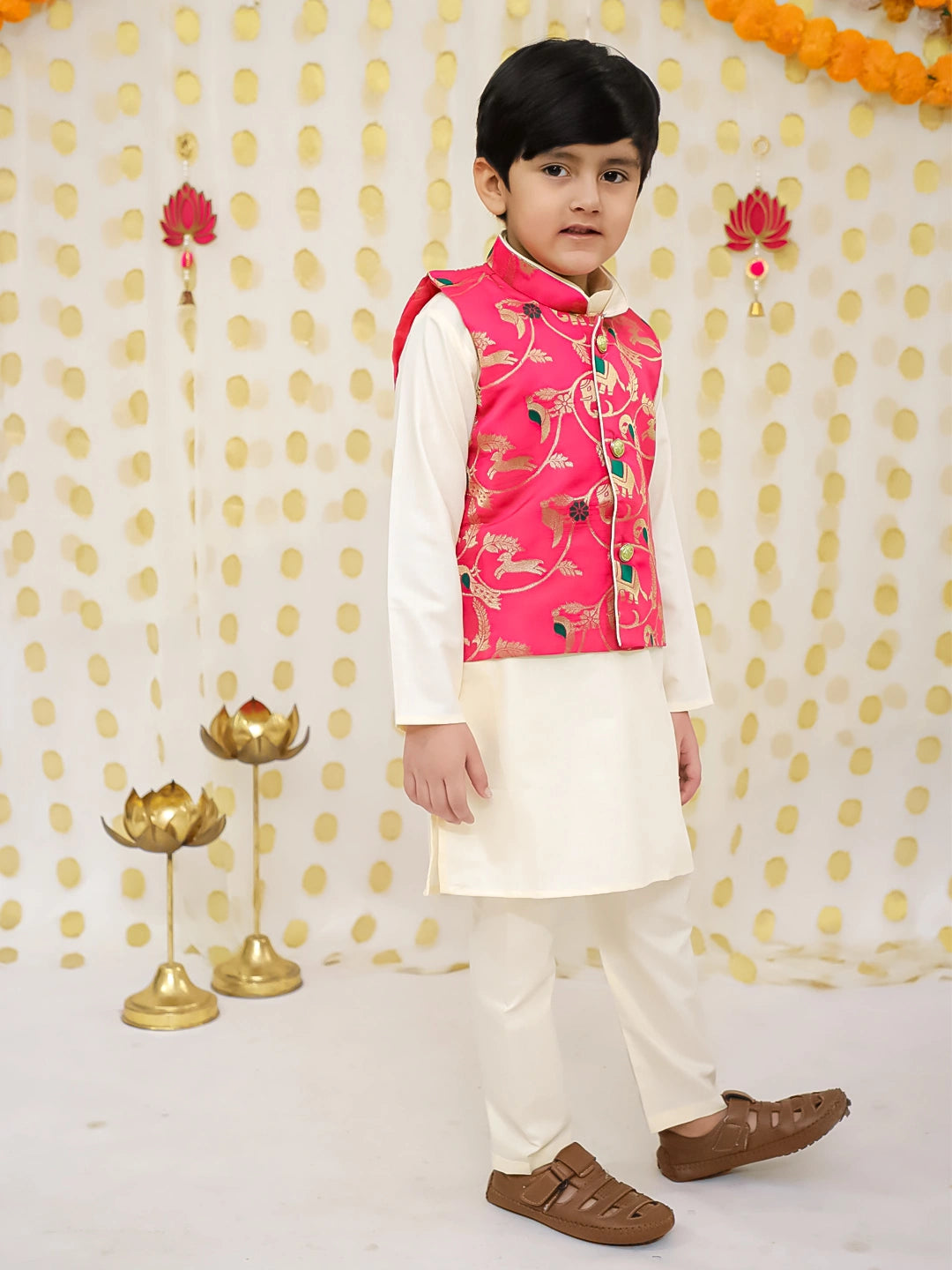 BownBee Pure Cotton Kurta Pajama with Jacquard Jacket Set for Boys