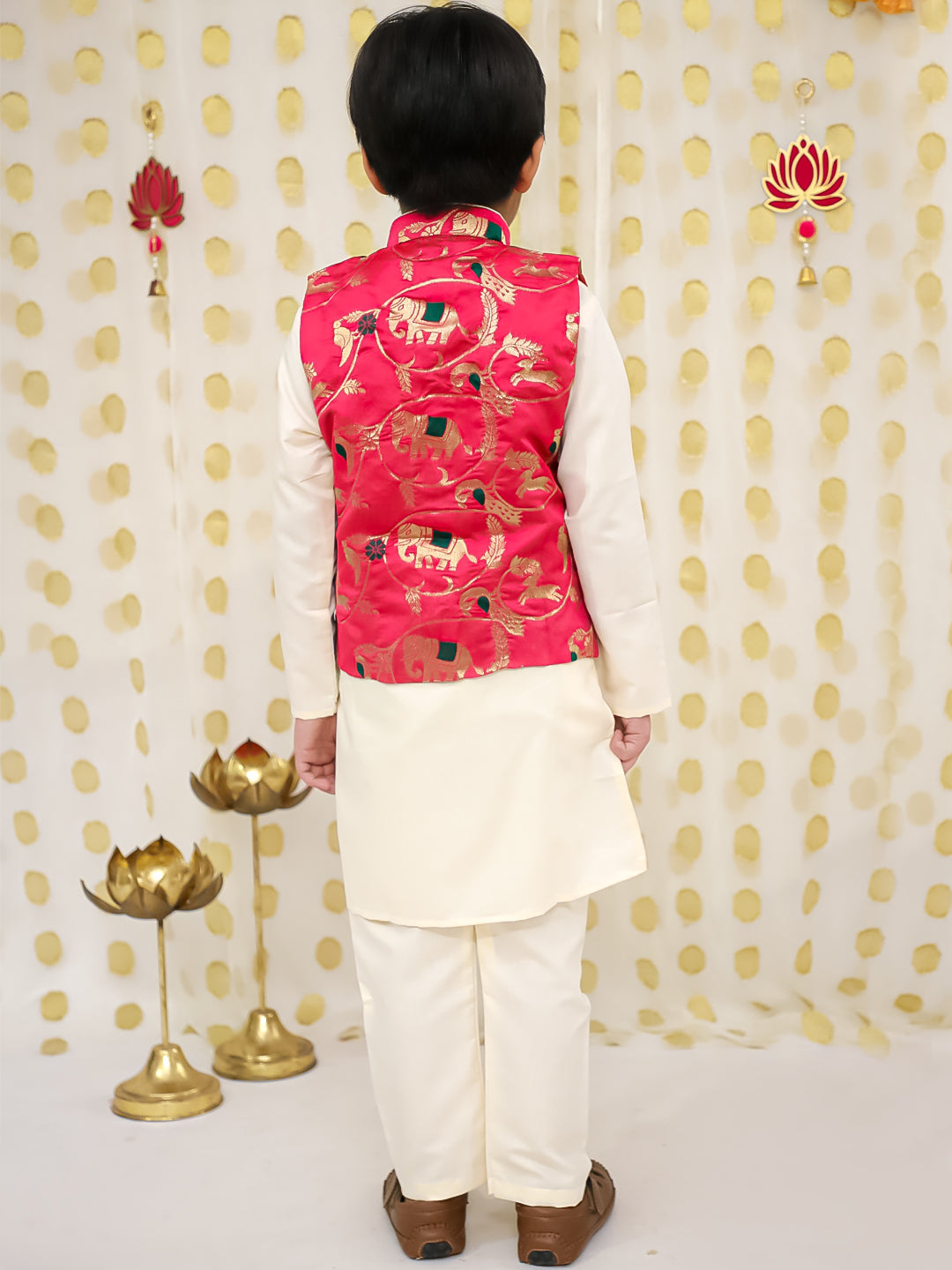 BownBee Pure Cotton Kurta Pajama with Jacquard Jacket Set for Boys- Pink