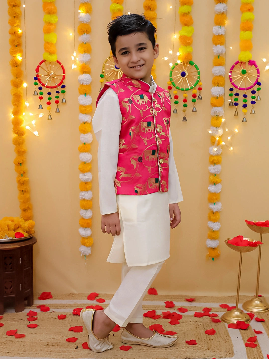 BownBee Pure Cotton Kurta Pajama with Jacquard Jacket Set for Boys