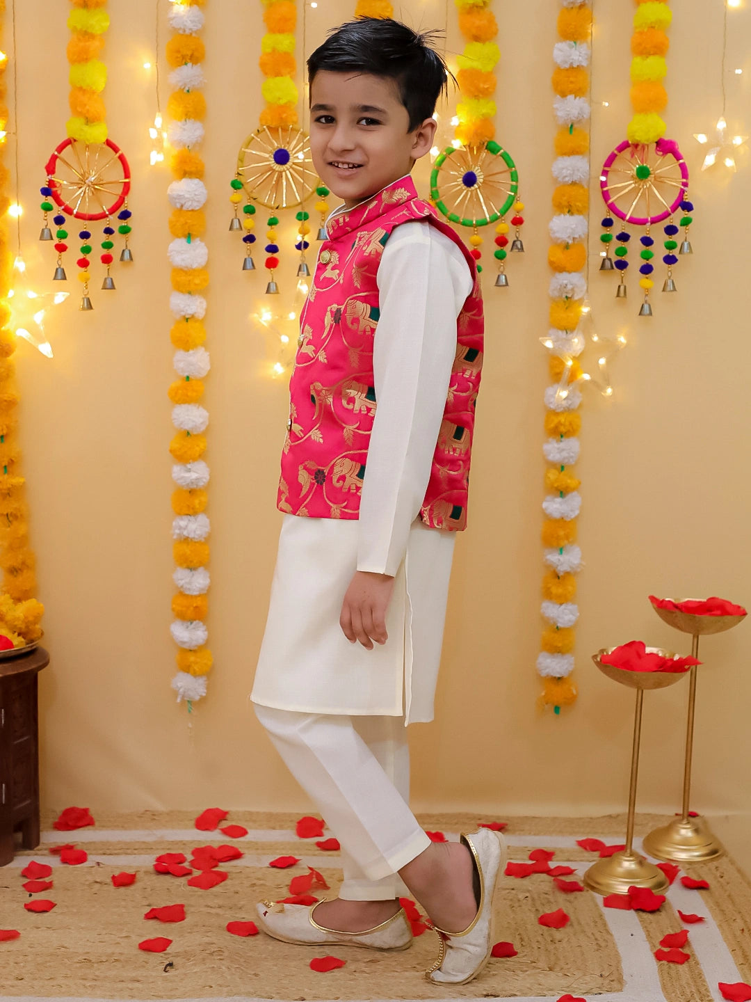 BownBee Pure Cotton Kurta Pajama with Jacquard Jacket Set for Boys