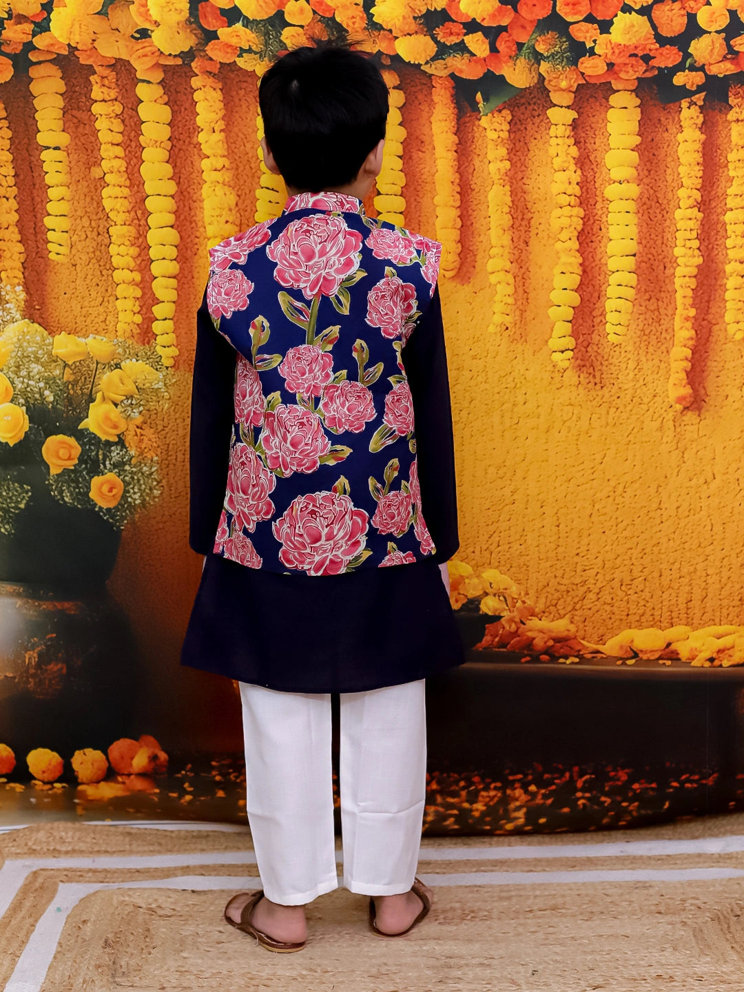 BownBee Pure Cotton Kurta Pajama Printed Jacket Set for Boys with Printed Kurta Sharara Dupatta Set for Girls