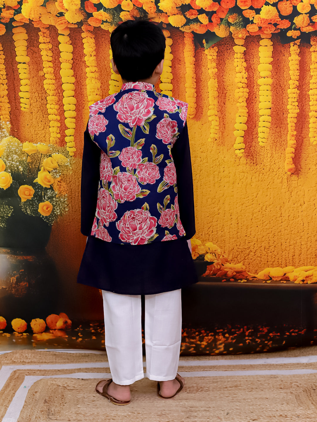 BownBee Pure Cotton Kurta Pajama Printed Jacket Set for Boys with Printed Kurta Sharara Dupatta Set for Girls- Blue