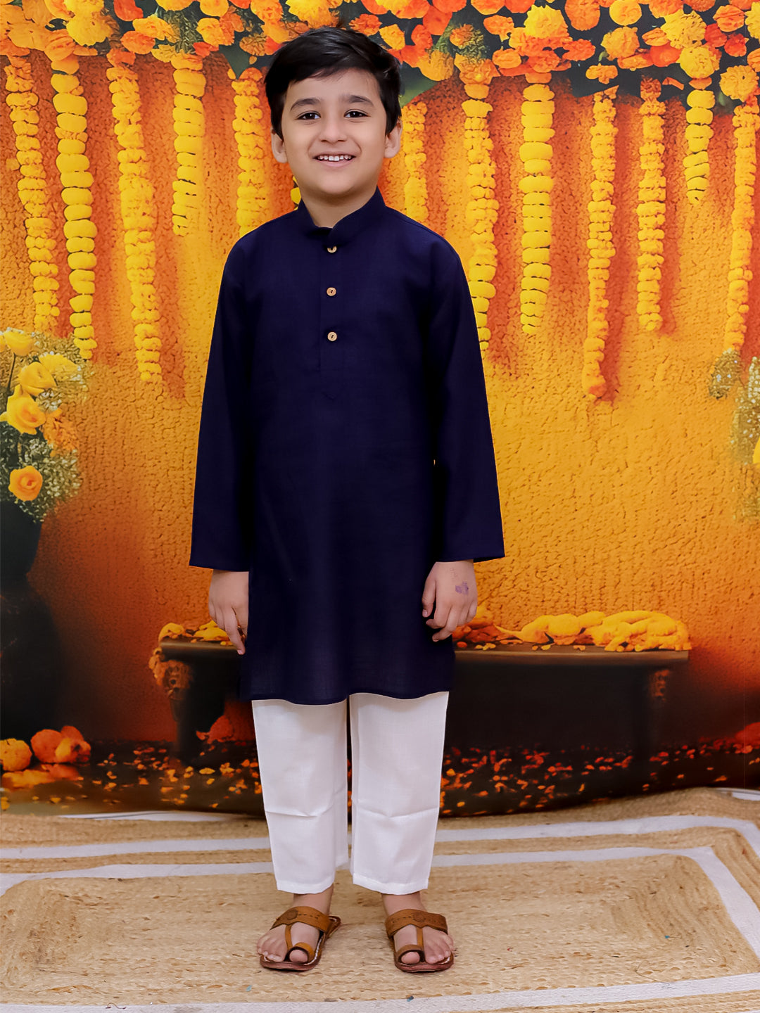 BownBee Pure Cotton Printed Jacket Kurta Pajama Set for Boys- Blue