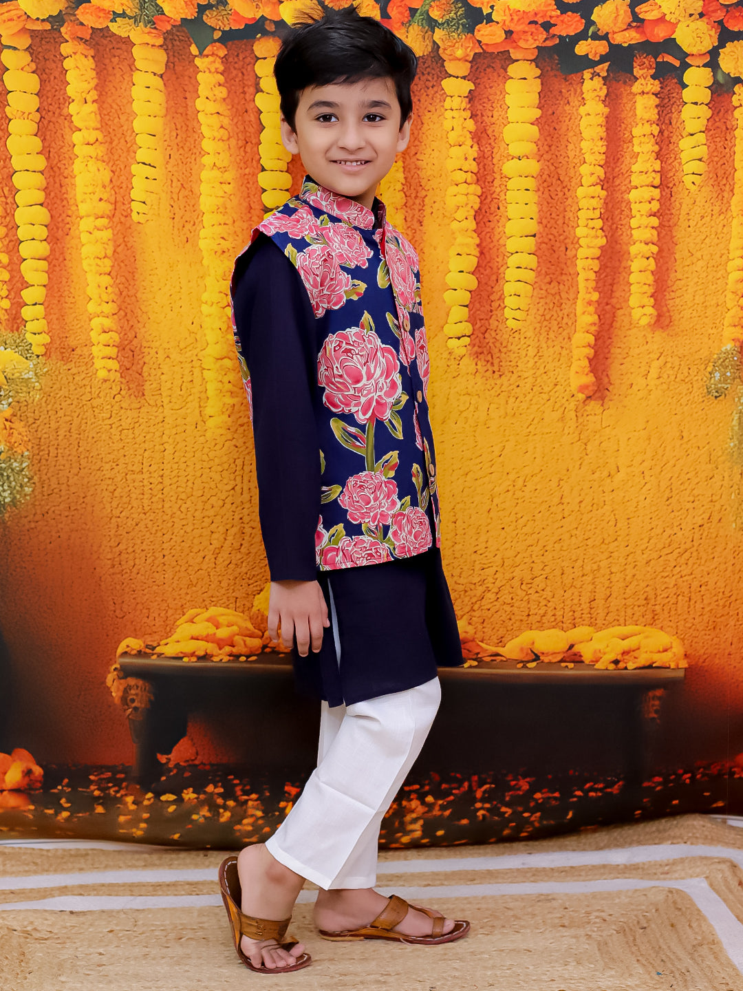 BownBee Pure Cotton Printed Jacket Kurta Pajama Set for Boys- Blue