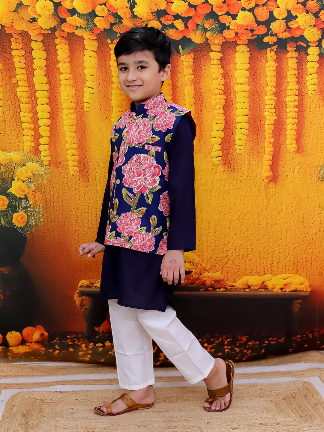 BownBee Pure Cotton Kurta Pajama Printed Jacket Set for Boys with Printed Kurta Sharara Dupatta Set for Girls