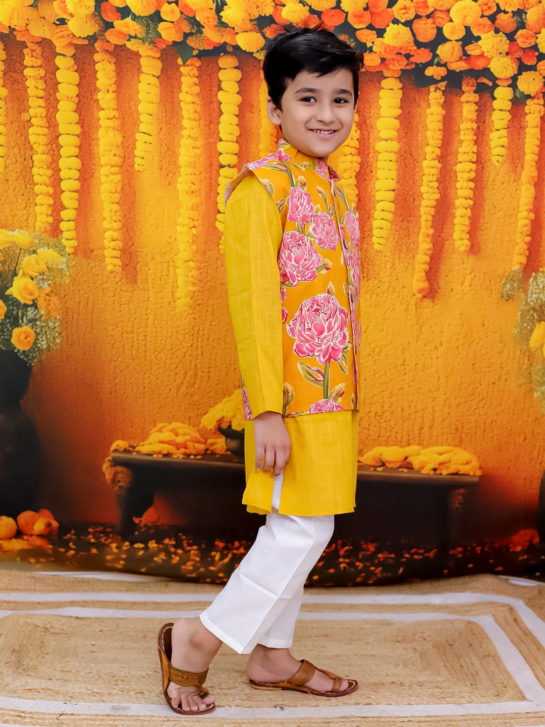 BownBee Pure Cotton Printed Jacket Kurta Pajama Set for Boys