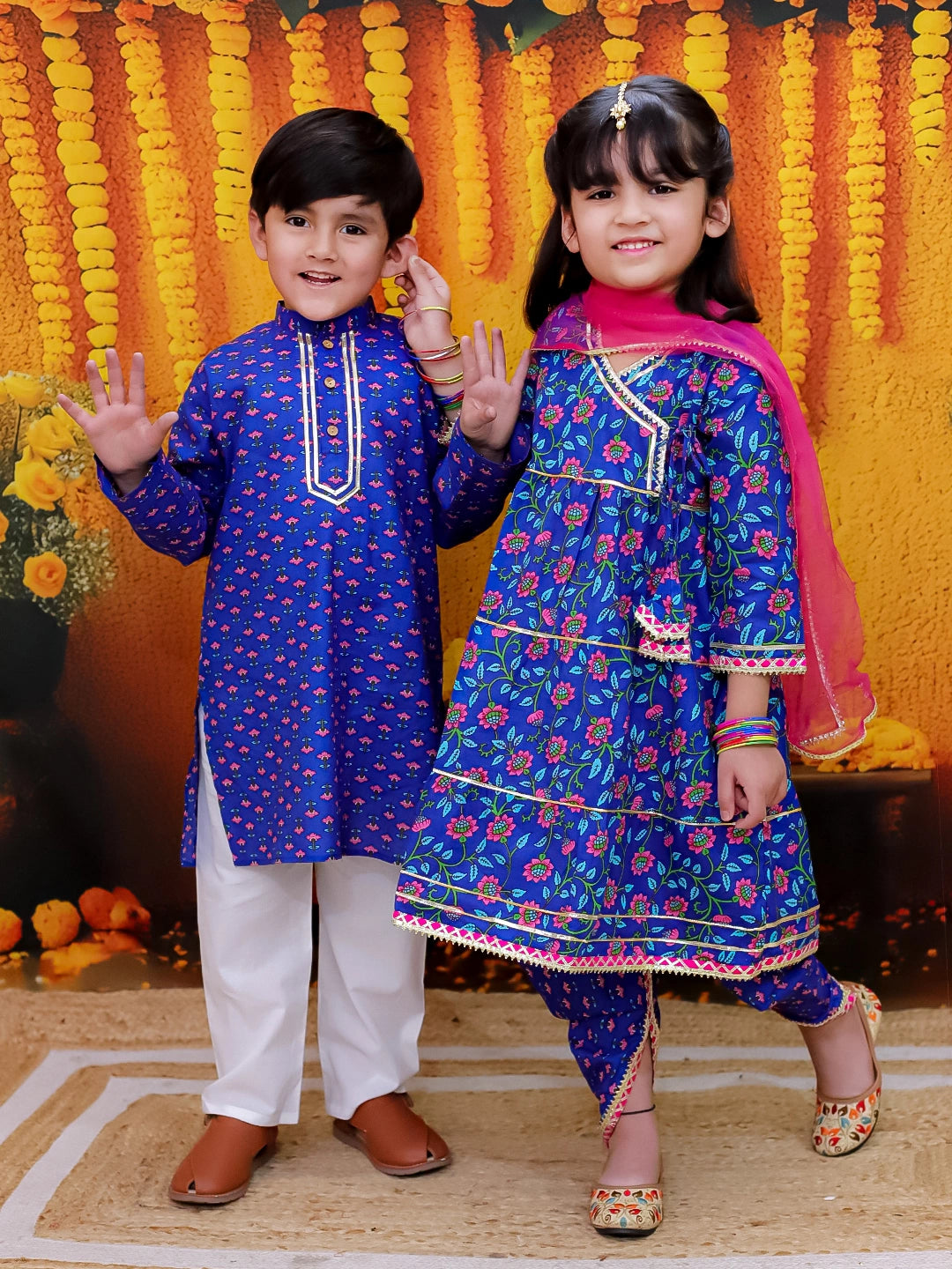 BownBee Pure Cotton Printed Kurta Pajama Set for Boys with Tier Anarkali Kurta Dhoti Dupatta Set for Girls
