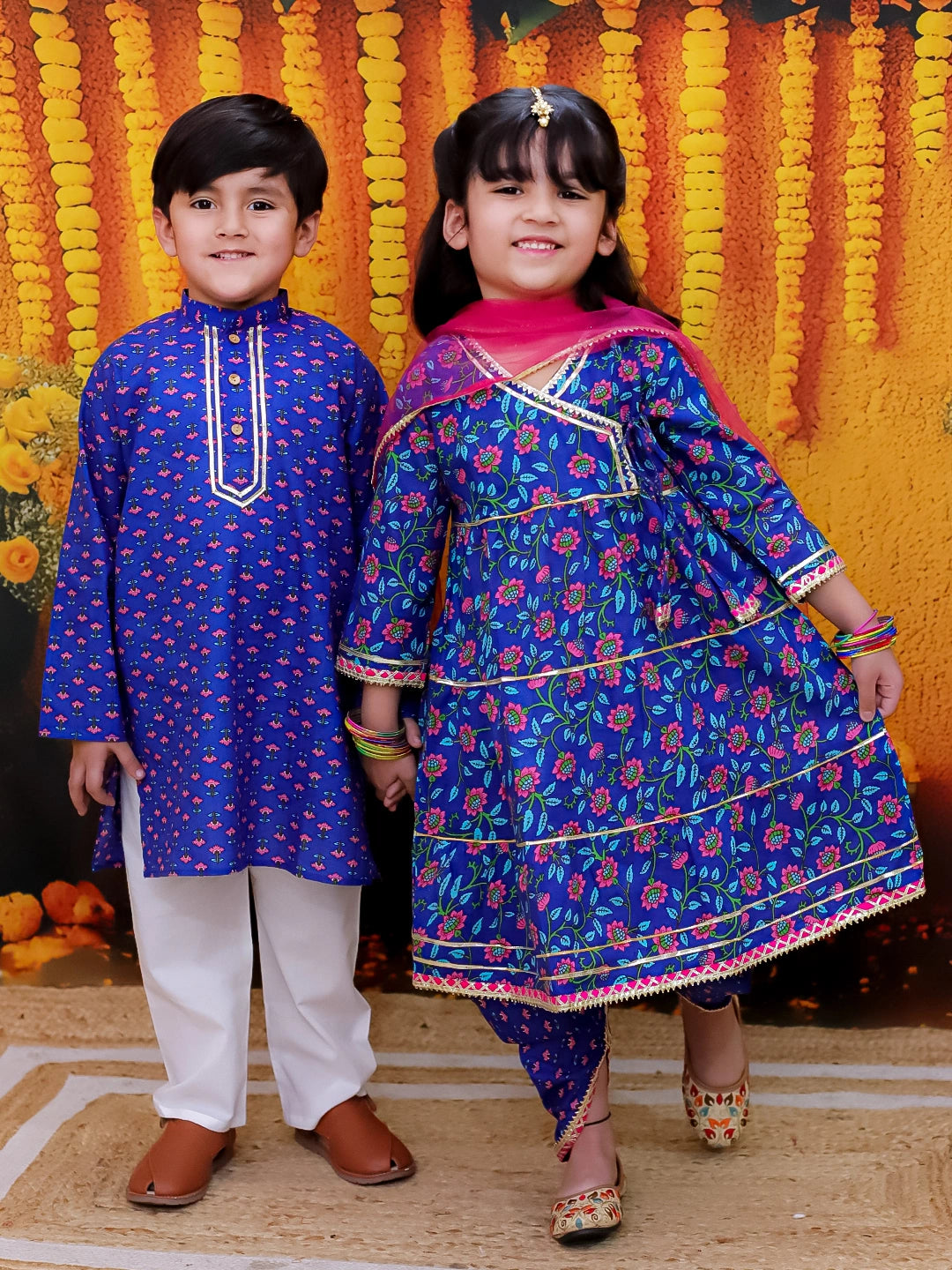 BownBee Pure Cotton Printed Kurta Pajama Set for Boys with Tier Anarkali Kurta Dhoti Dupatta Set for Girls