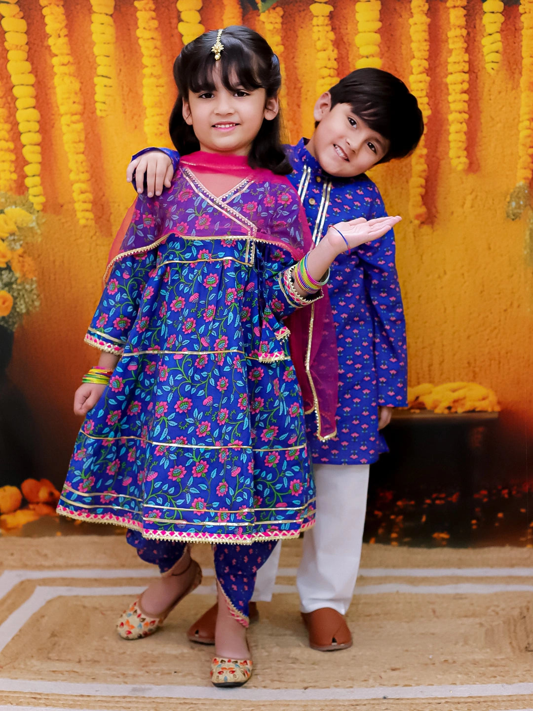 BownBee Pure Cotton Printed Kurta Pajama Set for Boys with Tier Anarkali Kurta Dhoti Dupatta Set for Girls